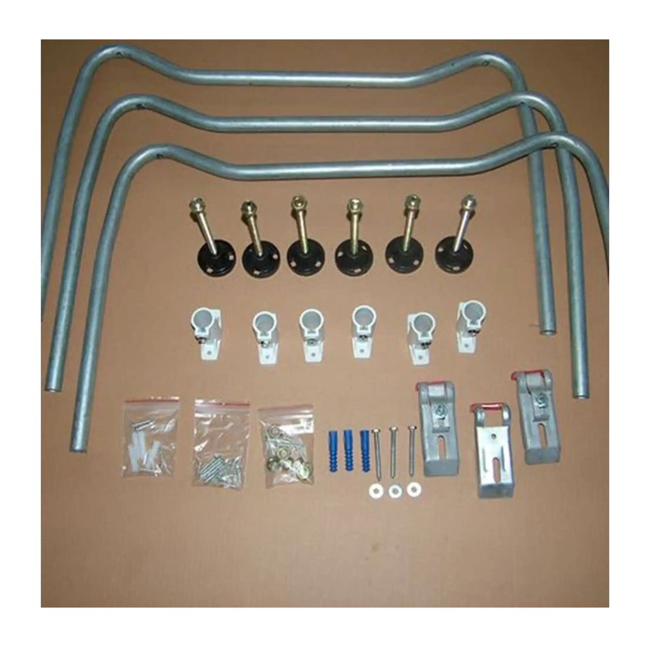 Flexible bathroom plumbing kit components including pipes, brackets, screws, and fittings for bathroom installation and repairs.
