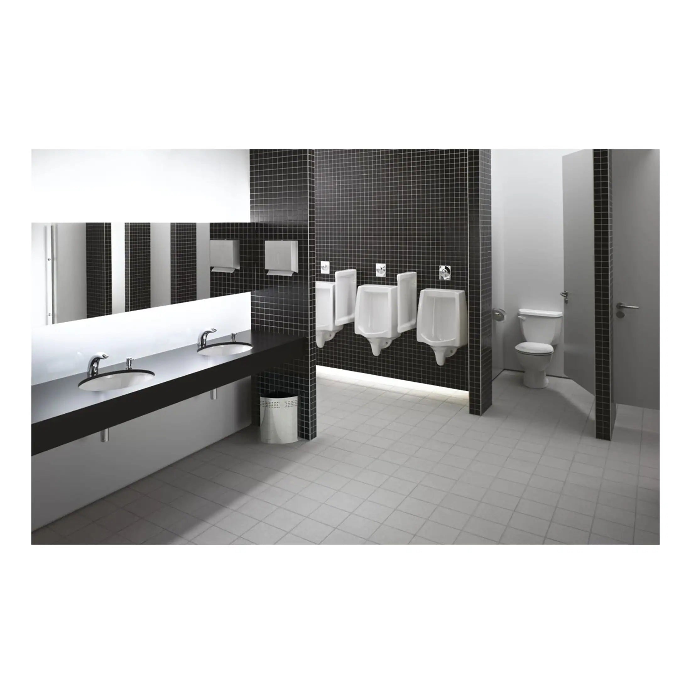Modern public bathroom with black tiled walls, white urinals, sinks, and toilets, featuring sleek design and accessible facilities, ideal for hygienic and stylish bathroom solutions.