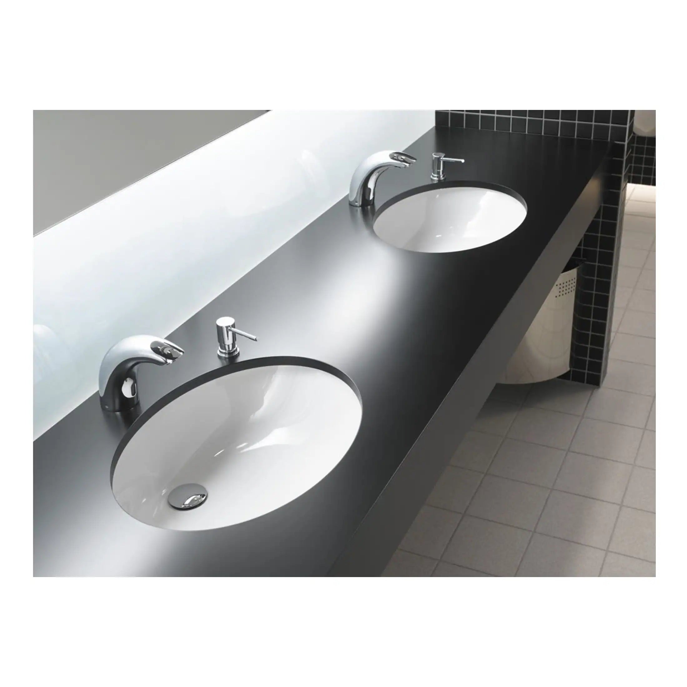 Sleek black countertop with two integrated white ceramic sinks and modern chrome faucets in a contemporary bathroom setting. Designed for functionality and style, ideal for commercial or high-traffic facilities.