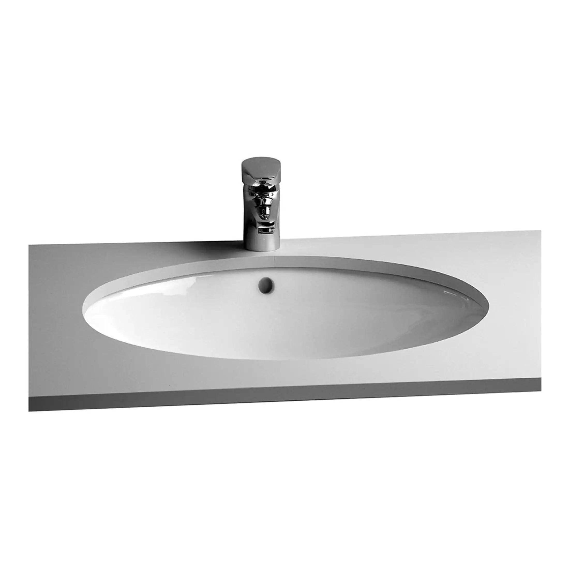 Sleek white bathroom sink with a modern chrome faucet, minimalist design perfect for contemporary bathrooms, featuring an oval basin and smooth surface.