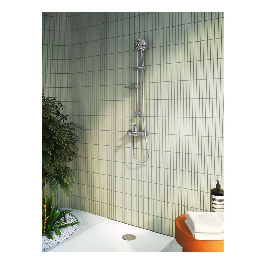 Sleek modern shower system with handheld showerhead mounted on a tiled wall in a contemporary bathroom.