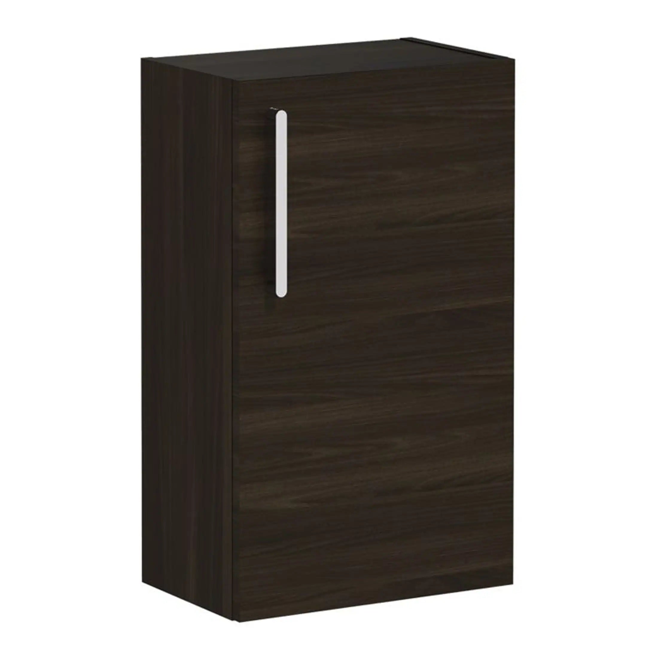Sleek modern bathroom cabinet in dark wood finish with a minimalist silver handle, designed for stylish and functional bathroom storage.