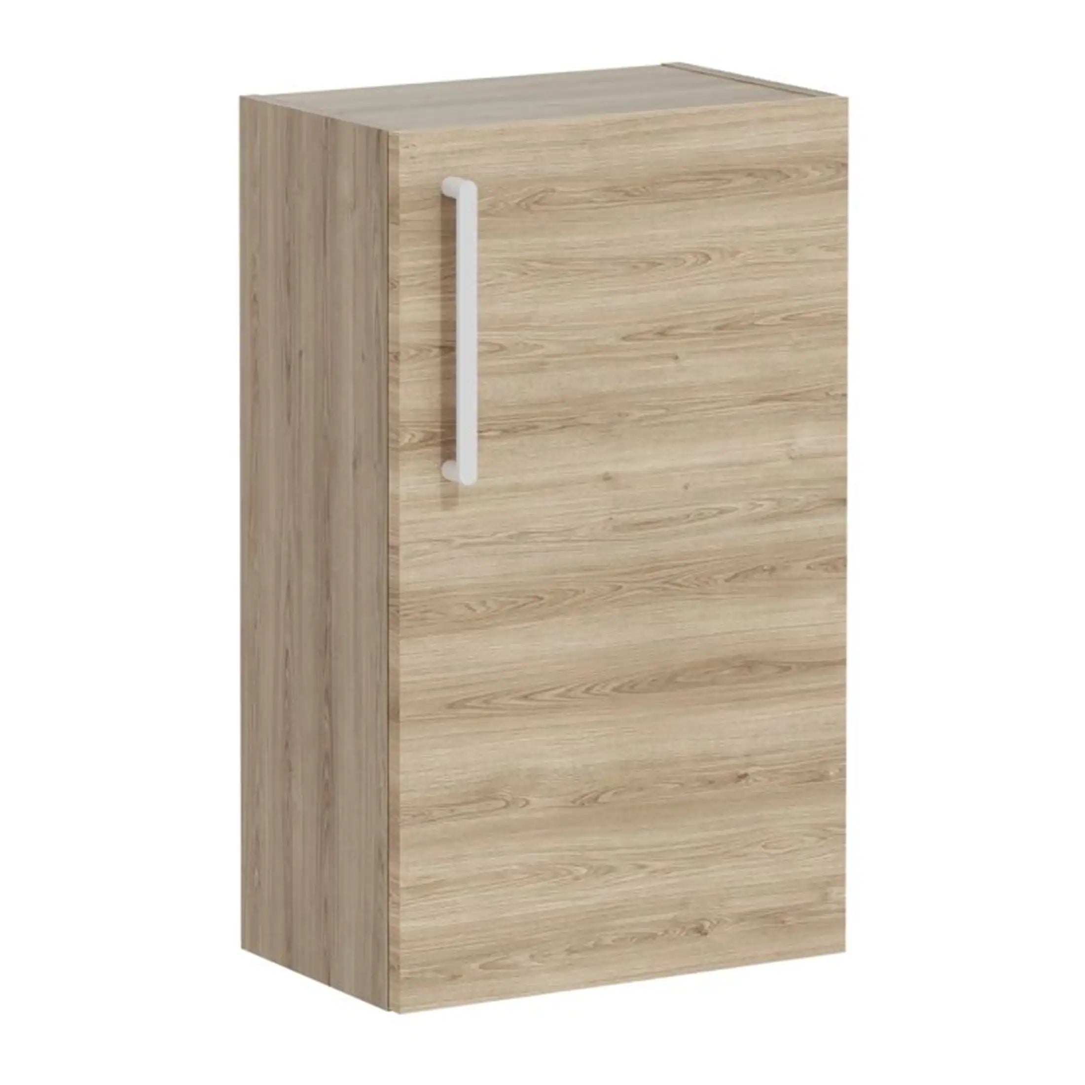 Wooden bathroom cabinet with a sleek white handle for modern bathroom storage solutions. Stylish, durable, and space-efficient furniture from Bubly Bathrooms.
