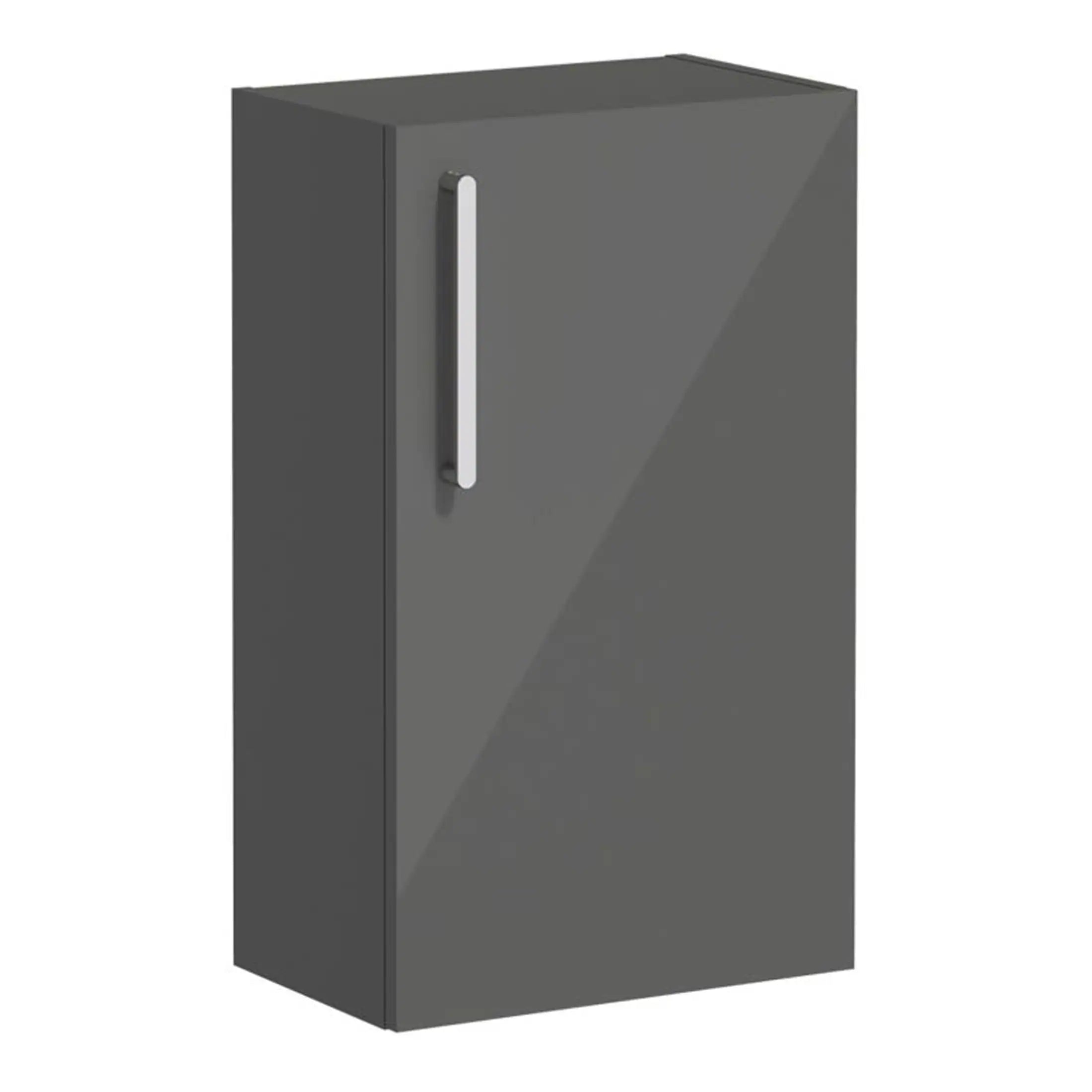 Sleek grey bathroom cabinet with minimalist design and vertical handle, ideal for modern bathroom storage solutions. Perfect for organising toiletries and keeping the space tidy.