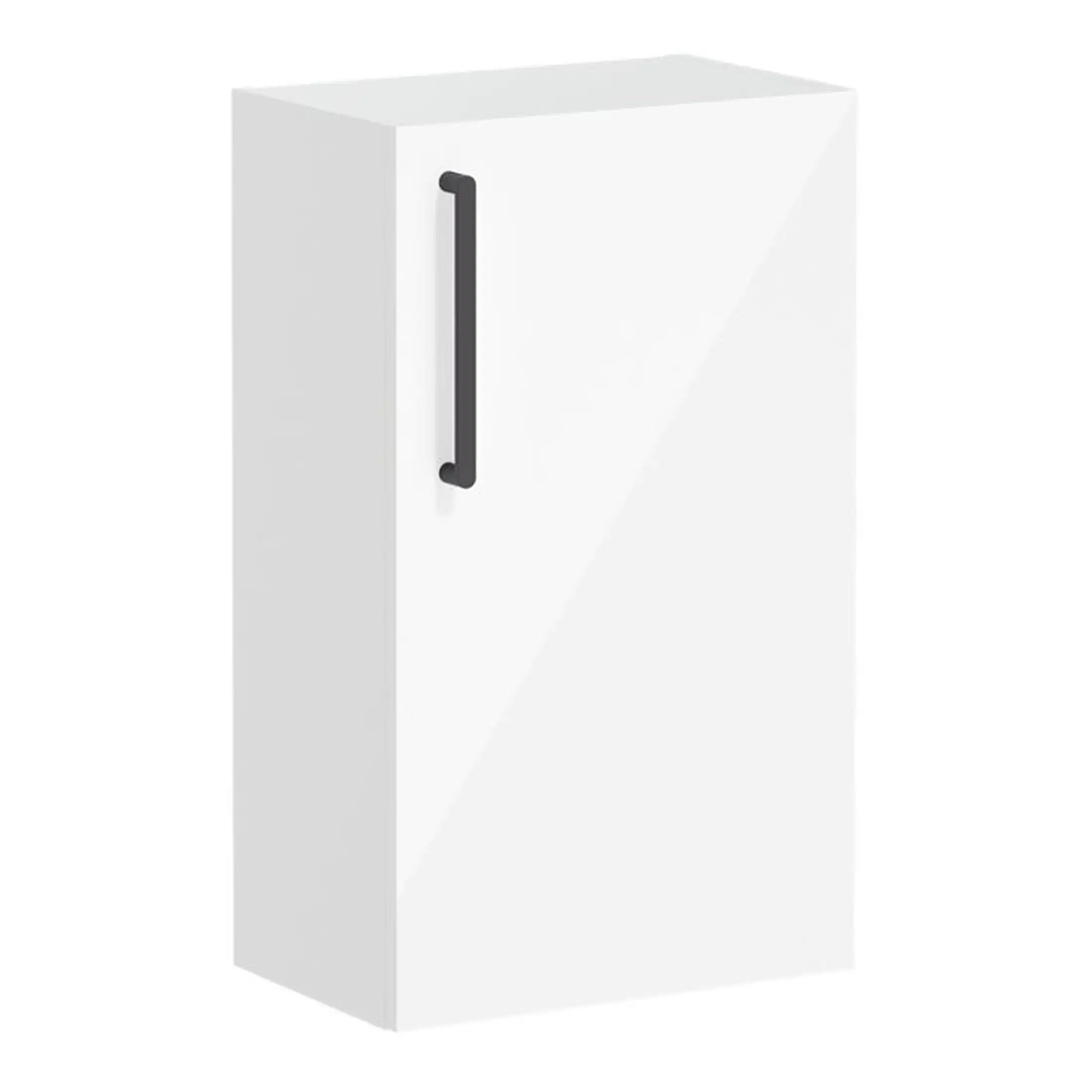 Sleek white bathroom storage cabinet with black handle, perfect for modern bathroom organisation and space-saving solutions. Durable design ideal for bathrooms, ensuring clean and tidy space.