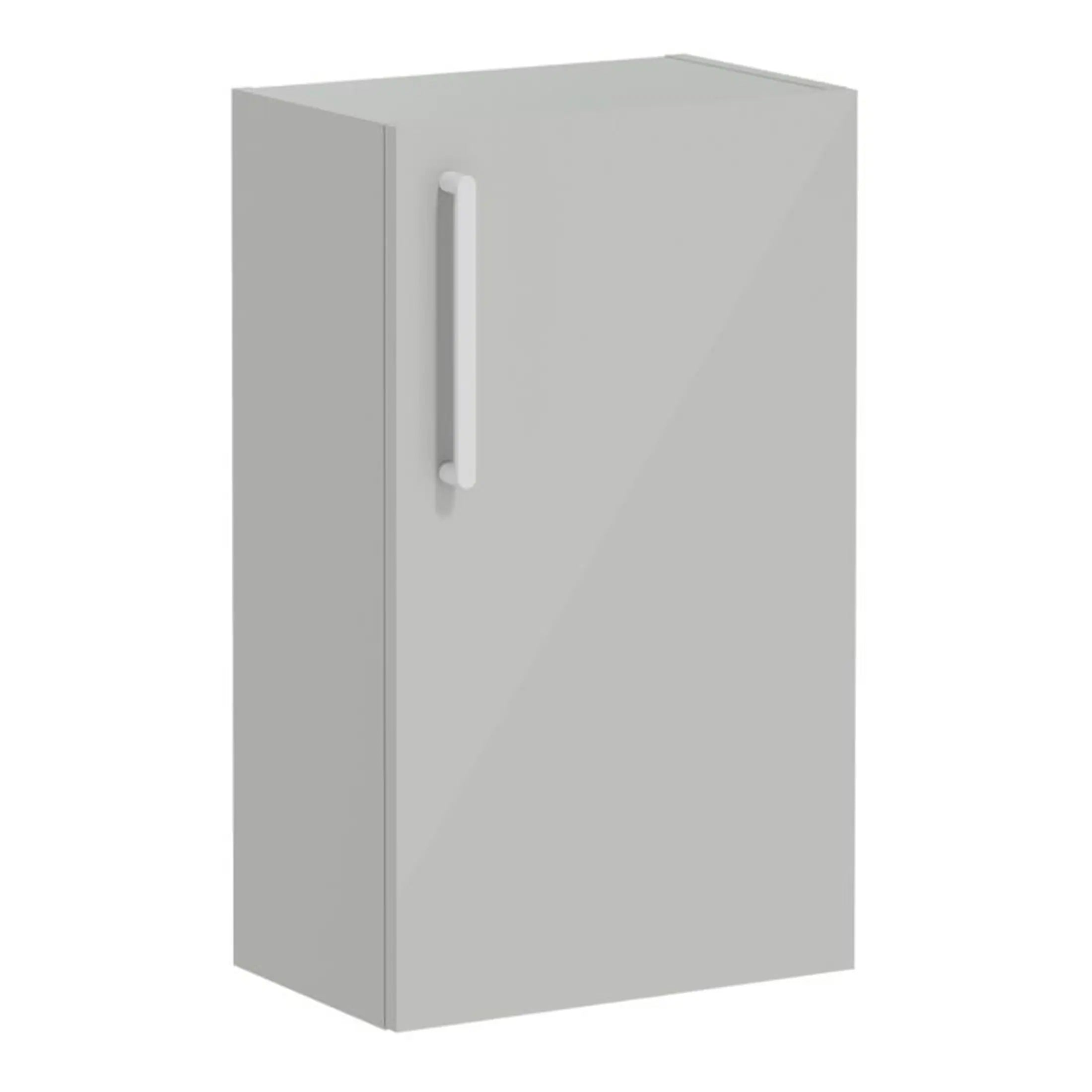 Modern grey bathroom storage cabinet with sleek white handle, ideal for contemporary bathroom organisation and design.