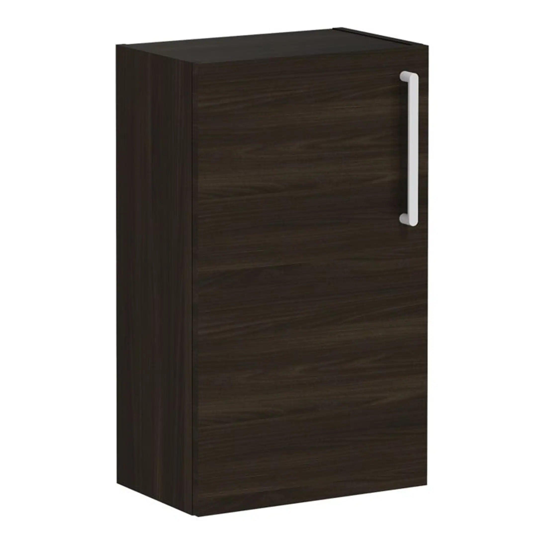 Glossy dark wood bathroom cabinet with a modern white handle, ideal for stylish bathroom storage solutions and essential for contemporary bathroom design.