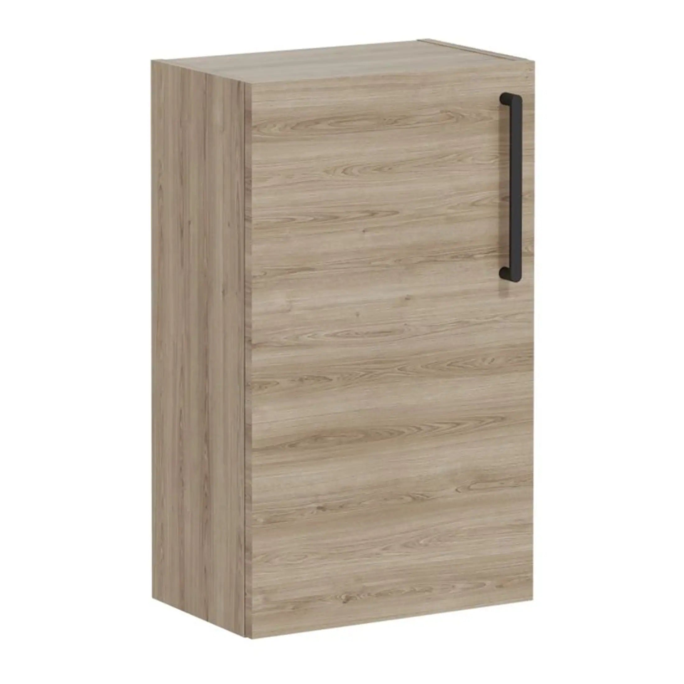 Wooden bathroom storage cabinet with black handle, modern bathroom furniture for organised storage.