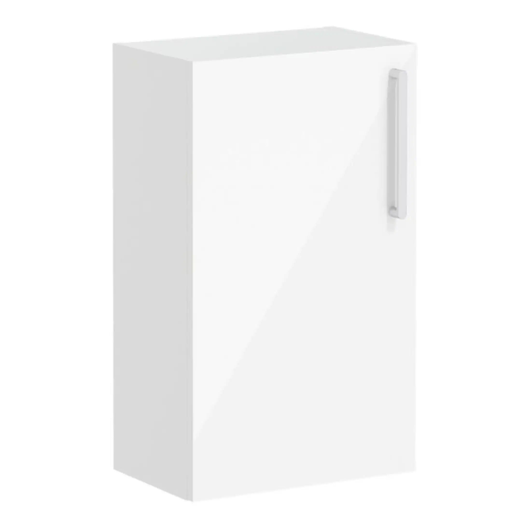 Gloss white bathroom wall cabinet with a sleek vertical handle, ideal for bathroom storage solutions, modern bathroom furniture, and space-saving bathroom organisation.
