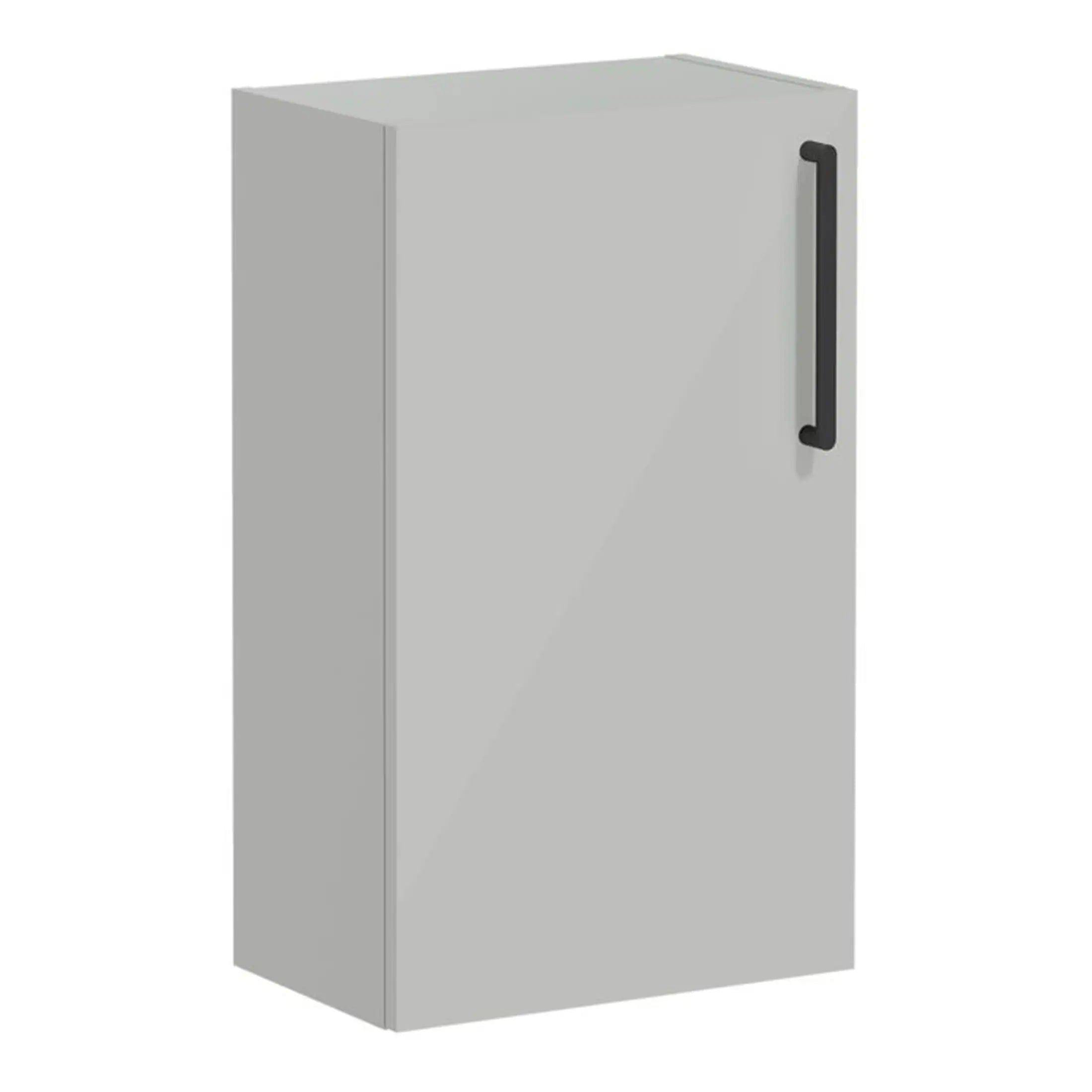 Modern grey bathroom storage cabinet with black handle, perfect for organising toiletries and accessories. Sleek design suitable for contemporary bathrooms.