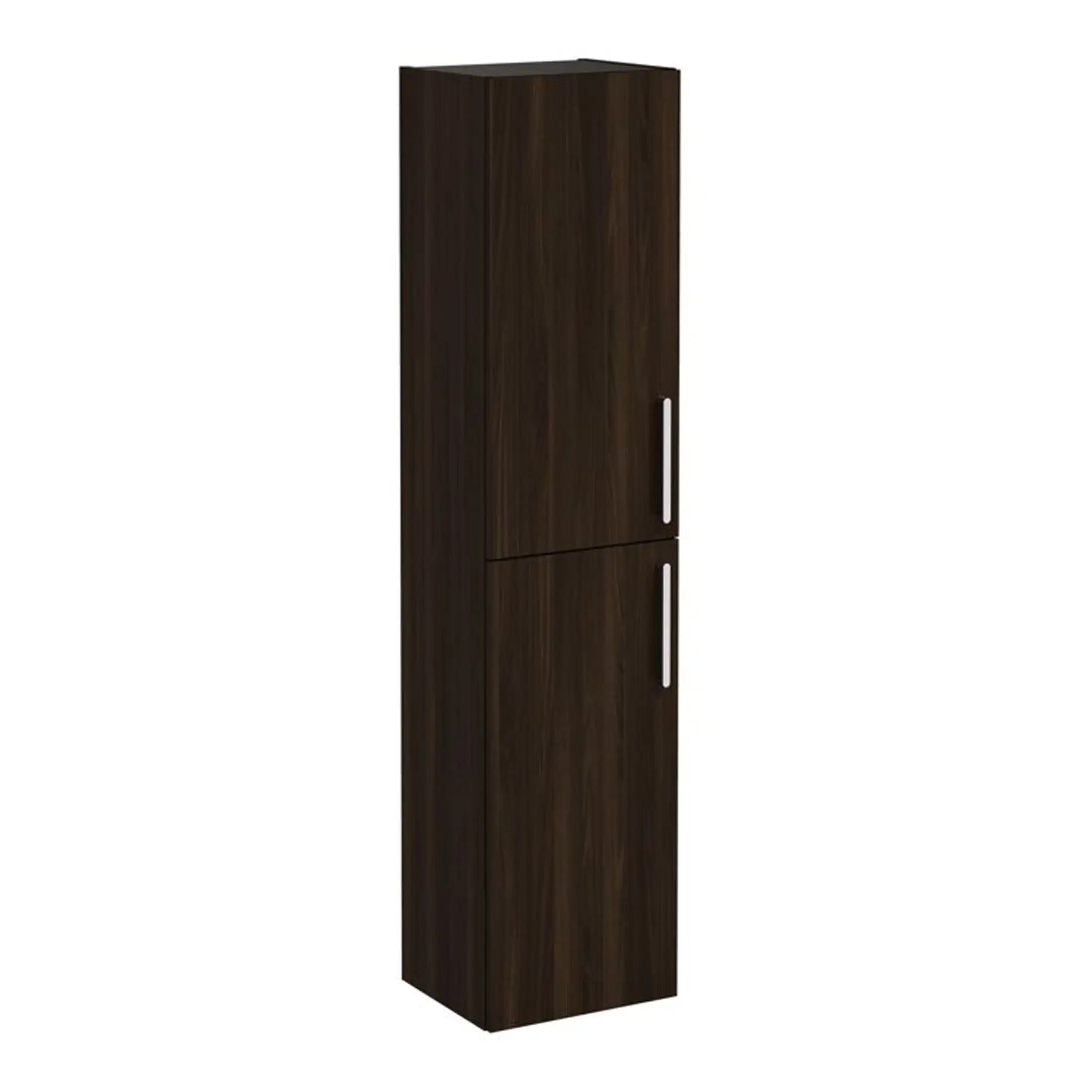 Stylish dark wood bathroom storage cabinet with sleek silver handles, ideal for modern bathrooms and adding functional space for towels and toiletries.
