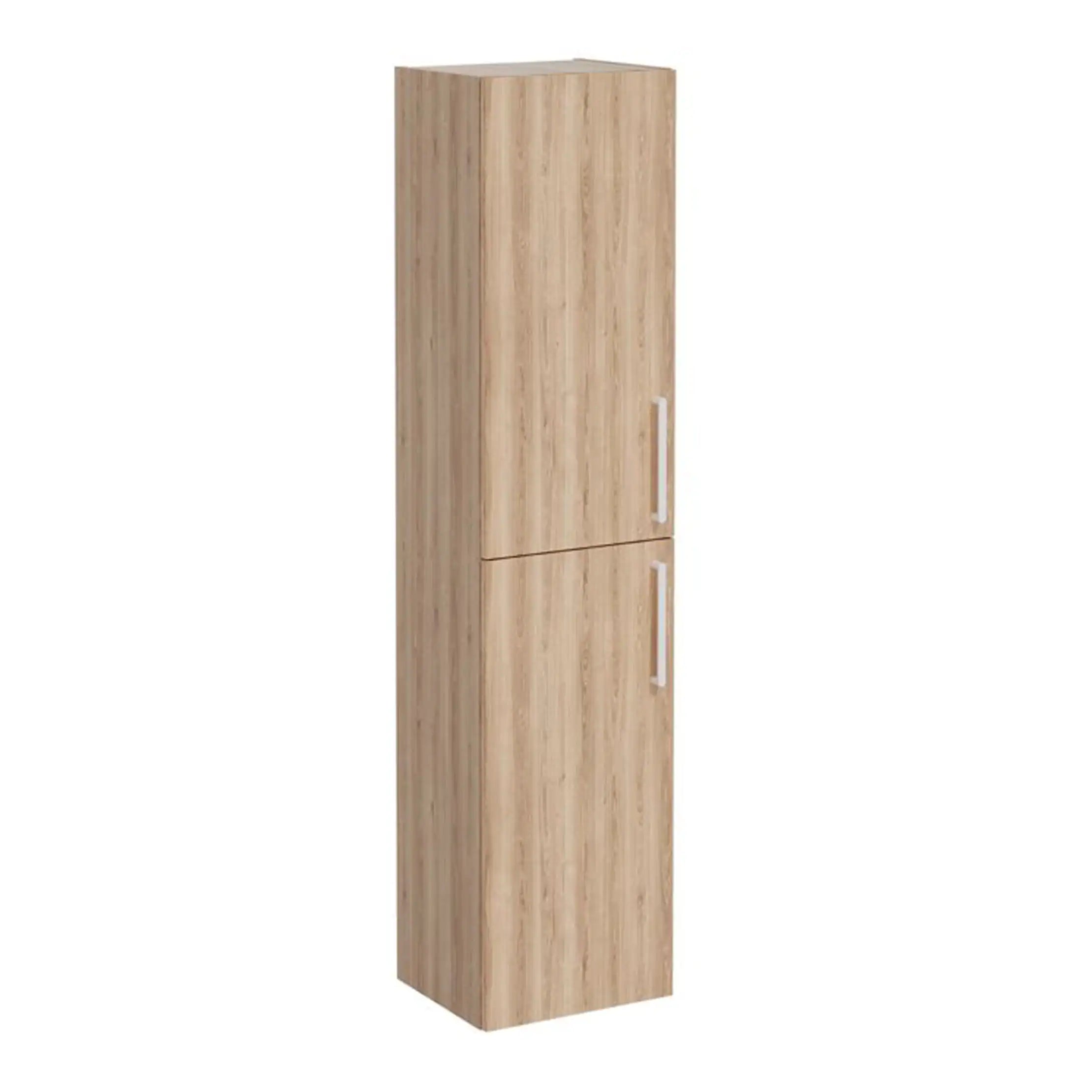 Modern wooden bathroom storage cabinet with two doors, ideal for organising toiletries and bathroom essentials. Stylish and functional design for contemporary bathrooms.