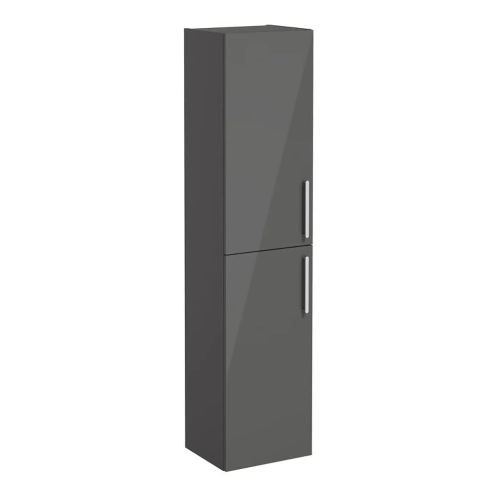 Grey bathroom storage cabinet with two doors, modern design, ideal for contemporary bathroom organisation. Durable and sleek finish, perfect for storing toiletries and bathroom essentials.
