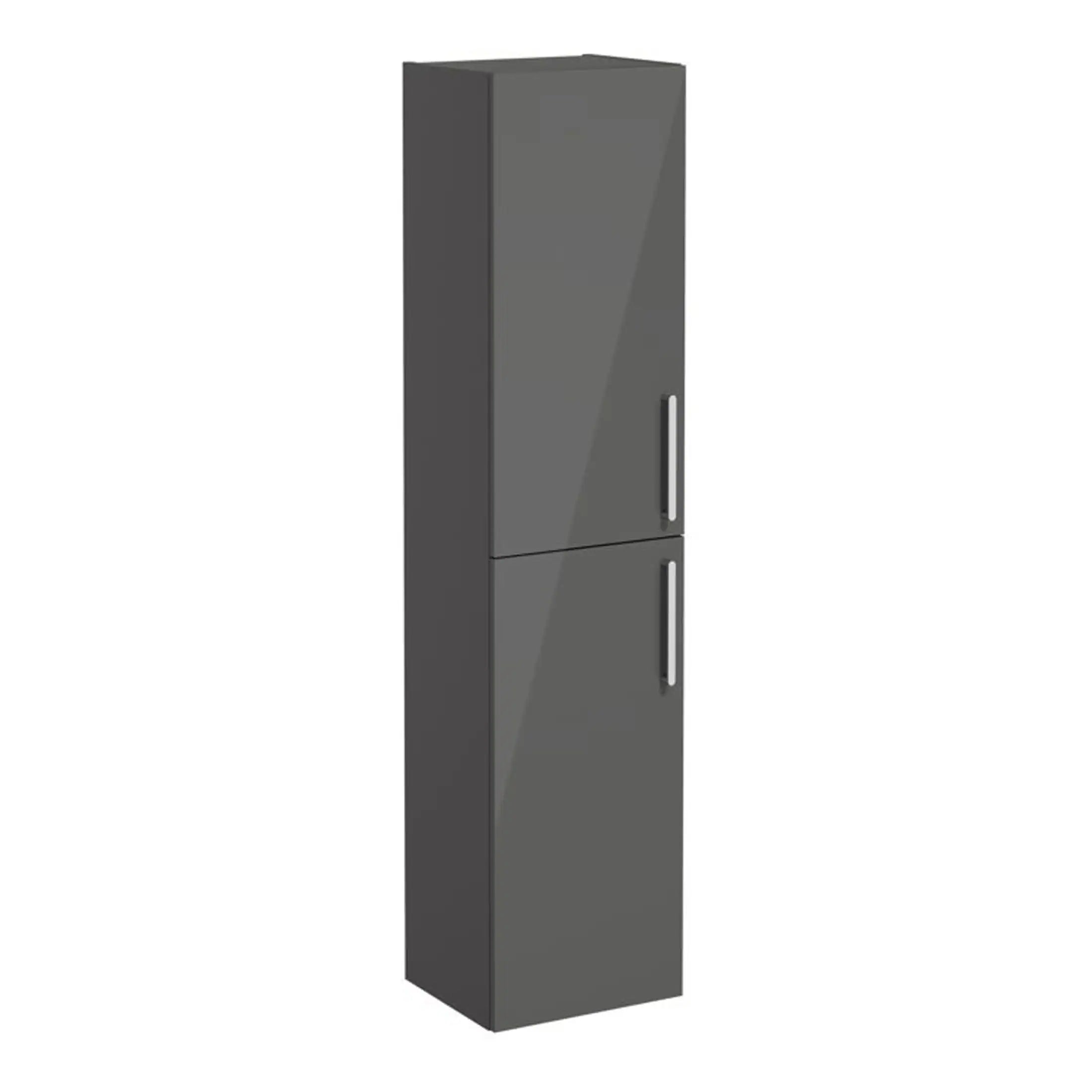 Grey bathroom storage cabinet with two doors, modern design, ideal for contemporary bathroom organisation. Durable and sleek finish, perfect for storing toiletries and bathroom essentials.