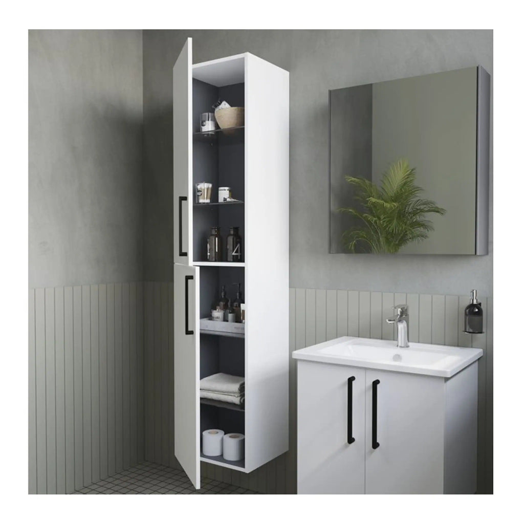 Stylish modern bathroom storage cabinet with open shelving and sleek black handles, perfect for organising toiletries and essentials in contemporary bathroom design.