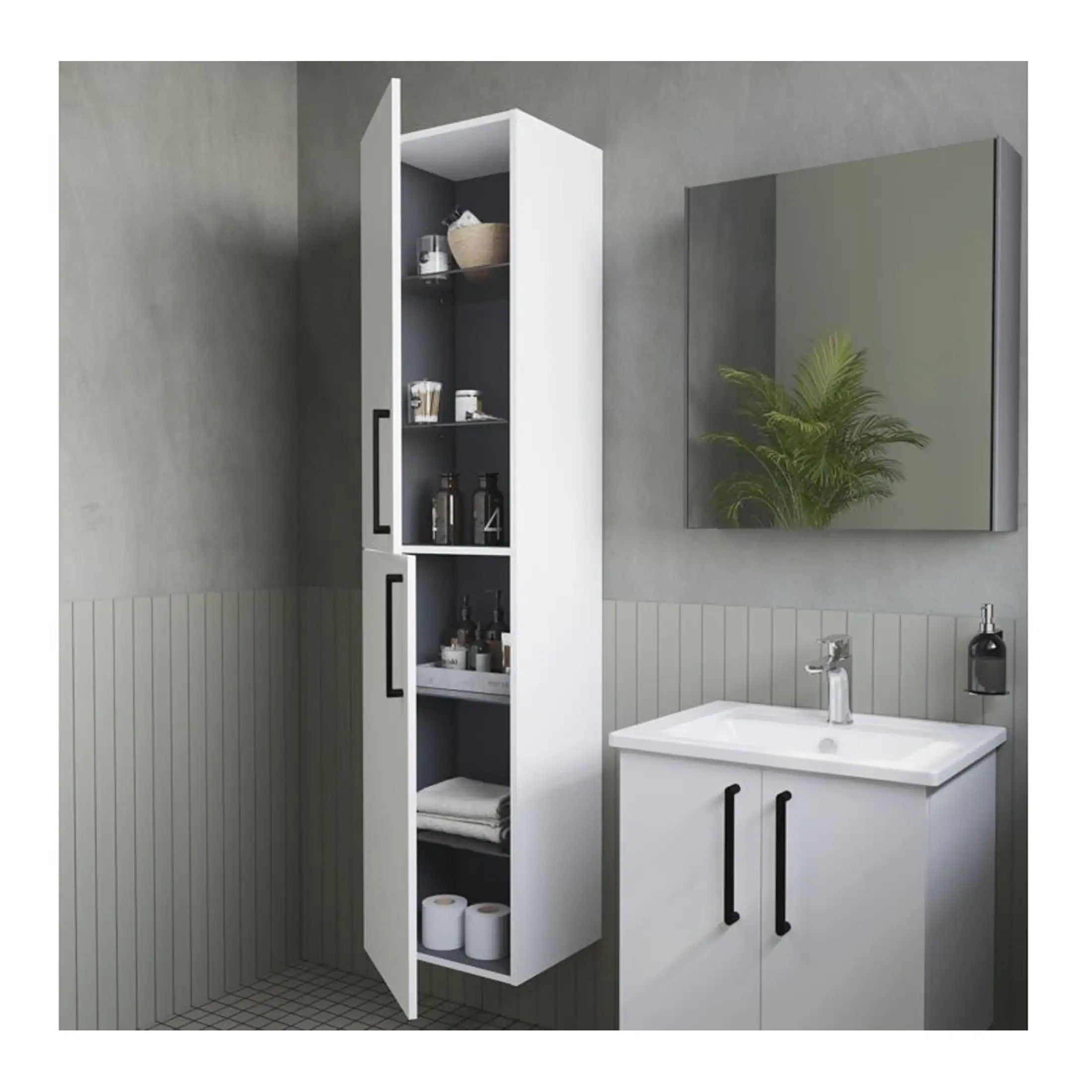 Stylish modern bathroom storage cabinet with open shelving and sleek black handles, perfect for organising toiletries and essentials in contemporary bathroom design.