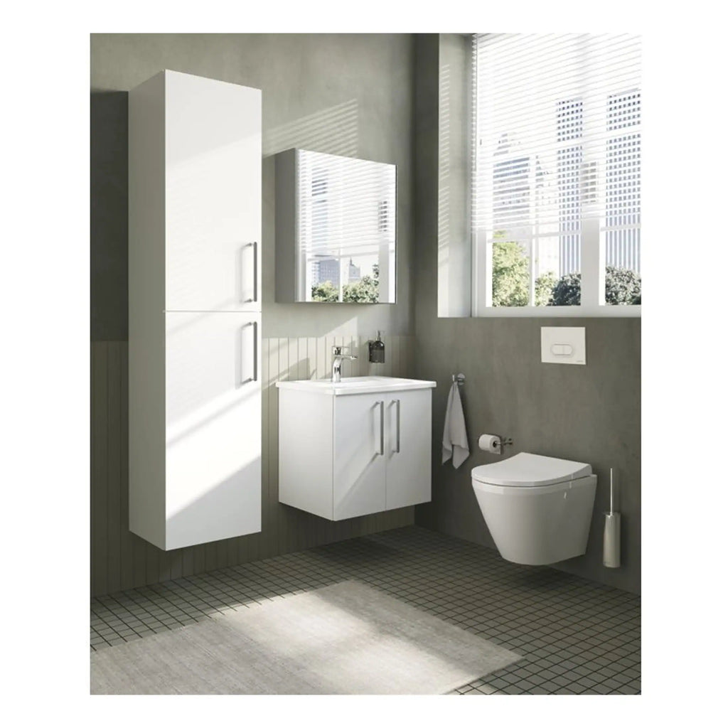 Modern minimalistic bathroom with white wall-mounted vanity, floating toilet, large window with blinds and natural light, grey textured walls, and tiled flooring, designed by Bubly Bathrooms.