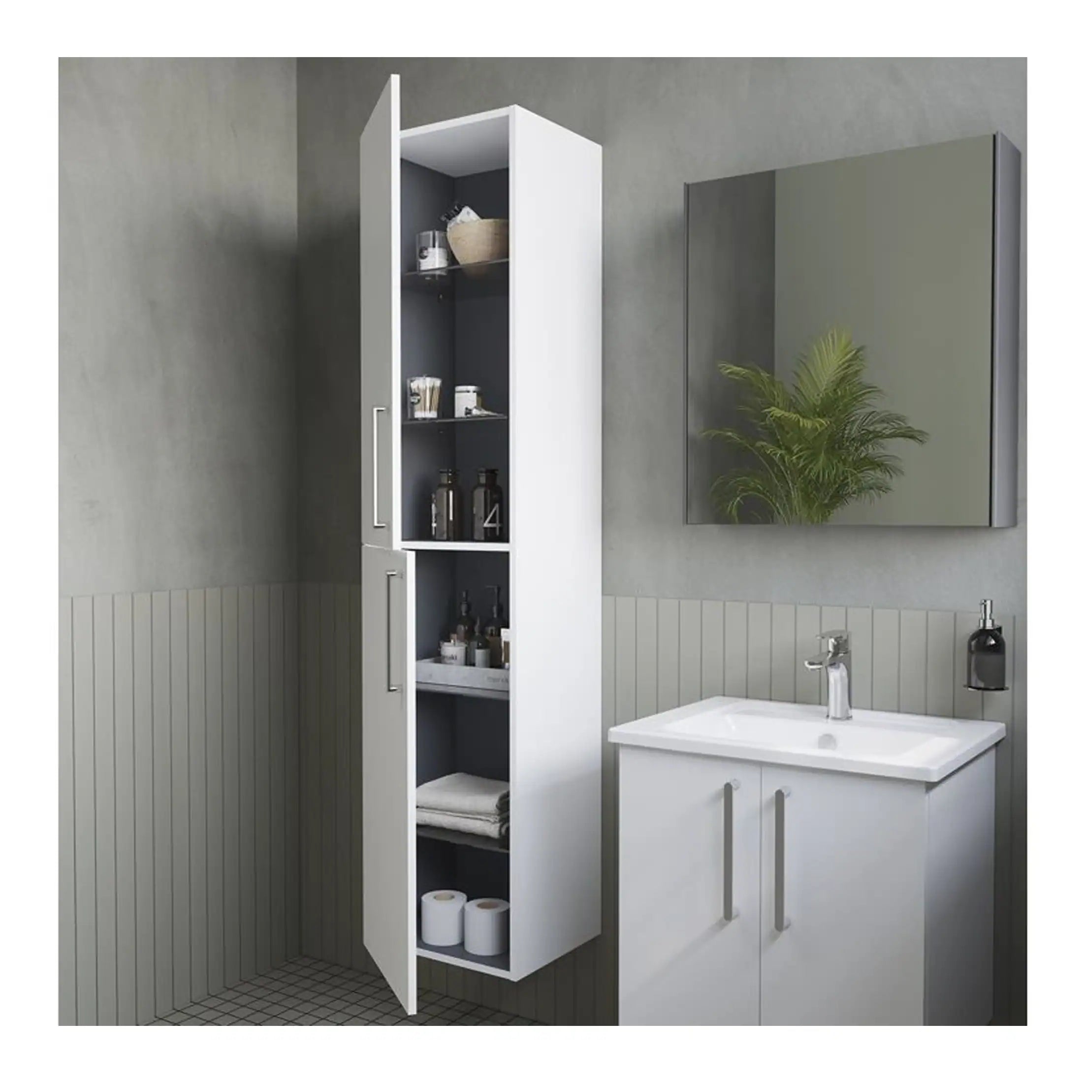 Stylish bathroom with white storage cabinet and modern sink unit, accented by minimalist mirror and green plant for a contemporary bathroom design.