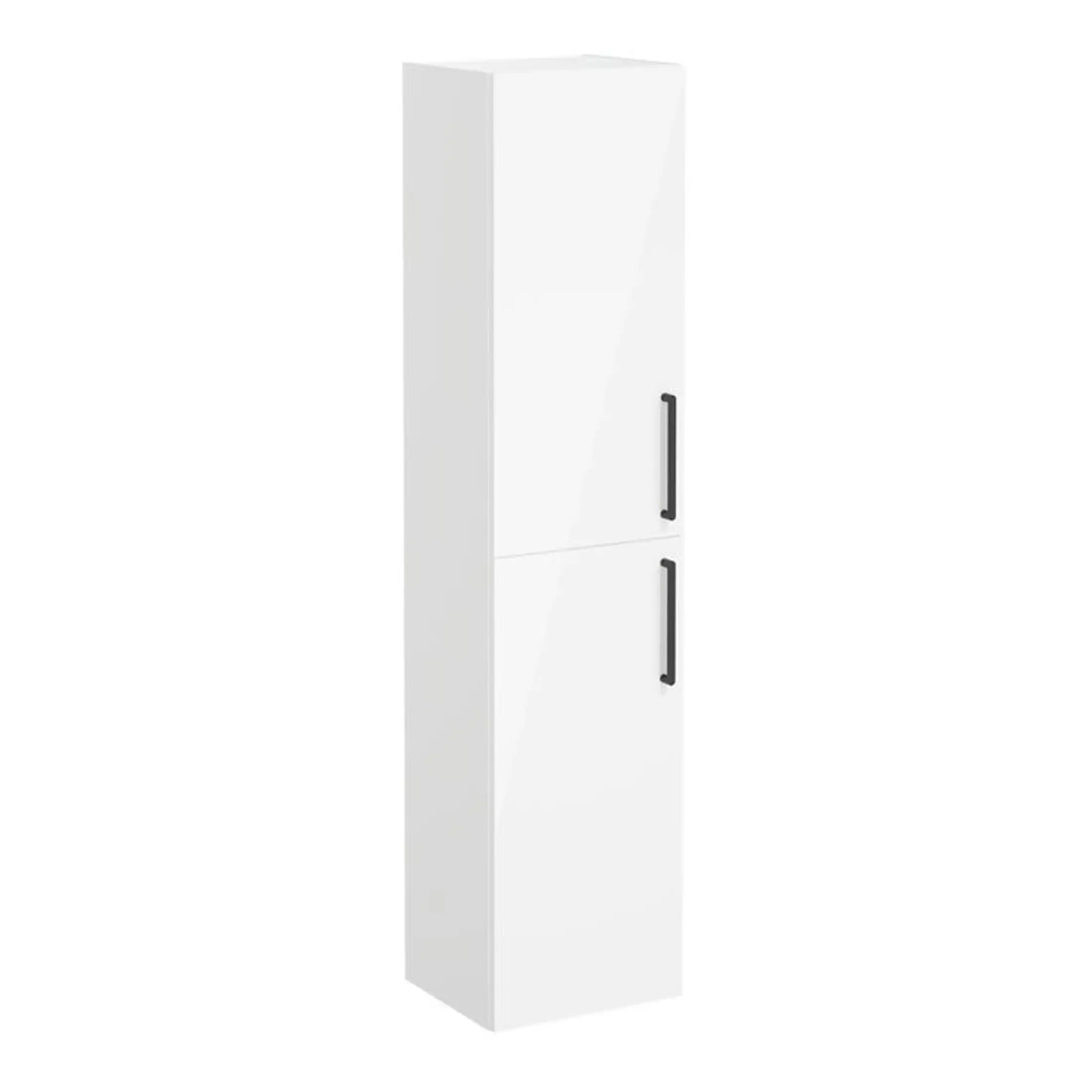 Contemporary white bathroom cabinet with sleek black handles, designed for modern bathroom storage solutions, perfect for organising toiletries and towels.