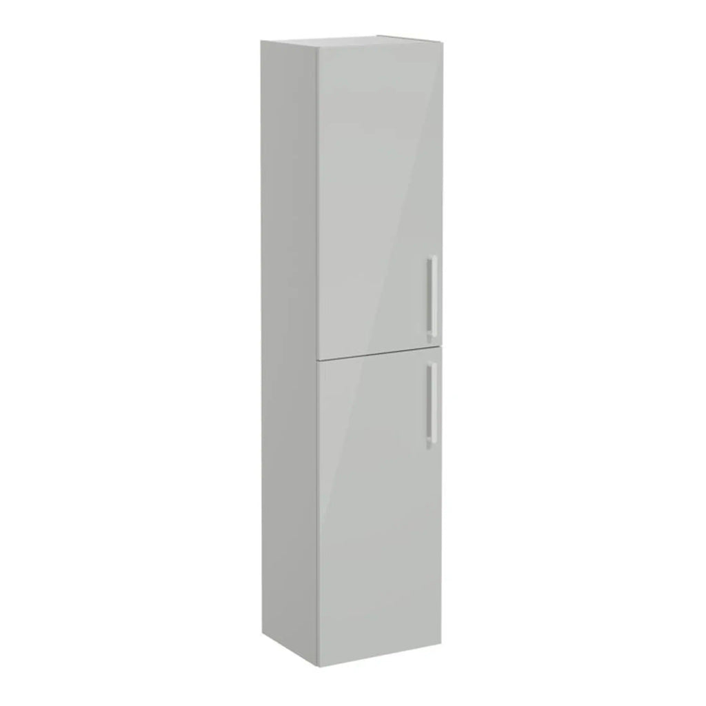 Modern white bathroom storage cabinet with double doors and sleek handles, ideal for organising toiletries and accessories in contemporary bathrooms.