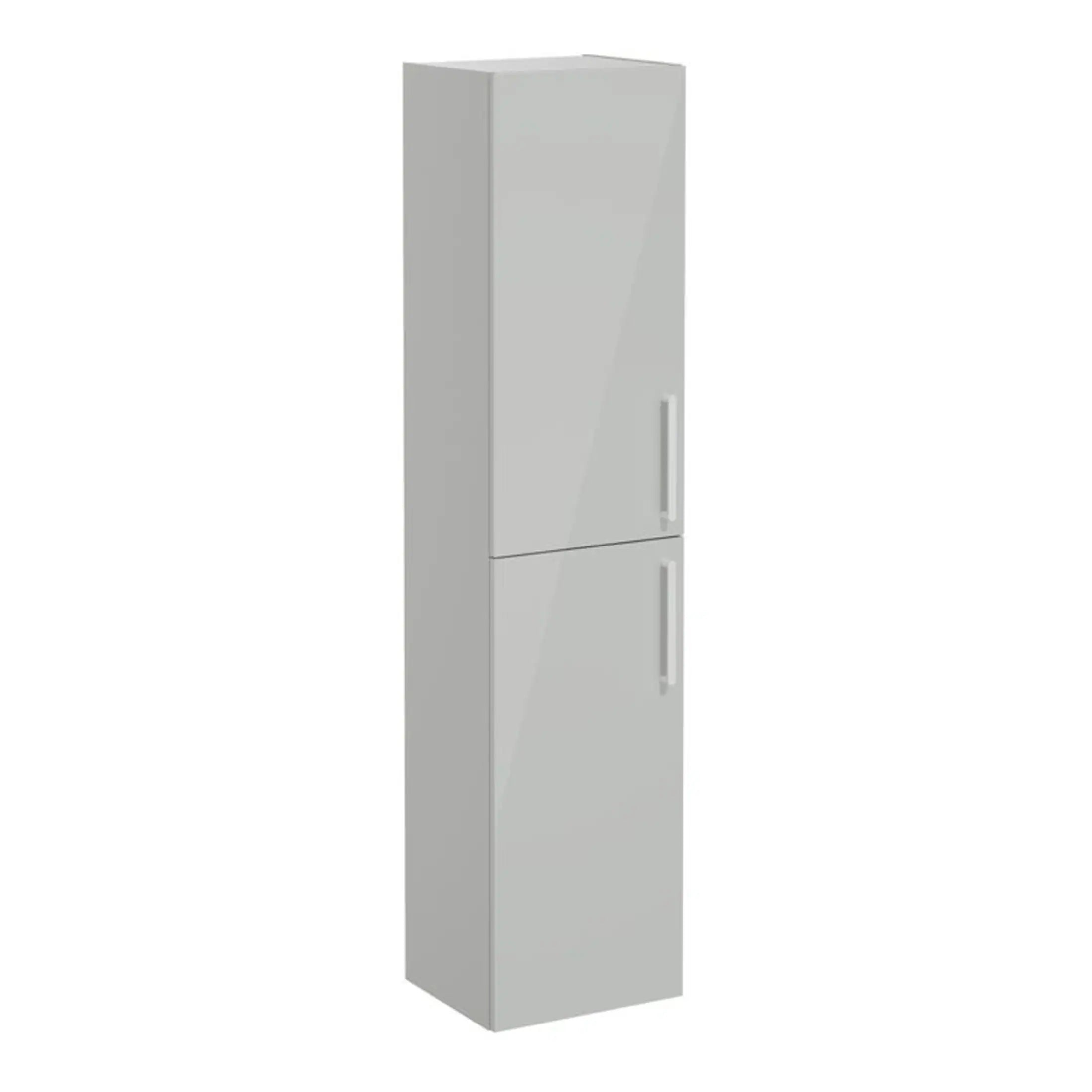 Modern white bathroom storage cabinet with double doors and sleek handles, ideal for organising toiletries and accessories in contemporary bathrooms.