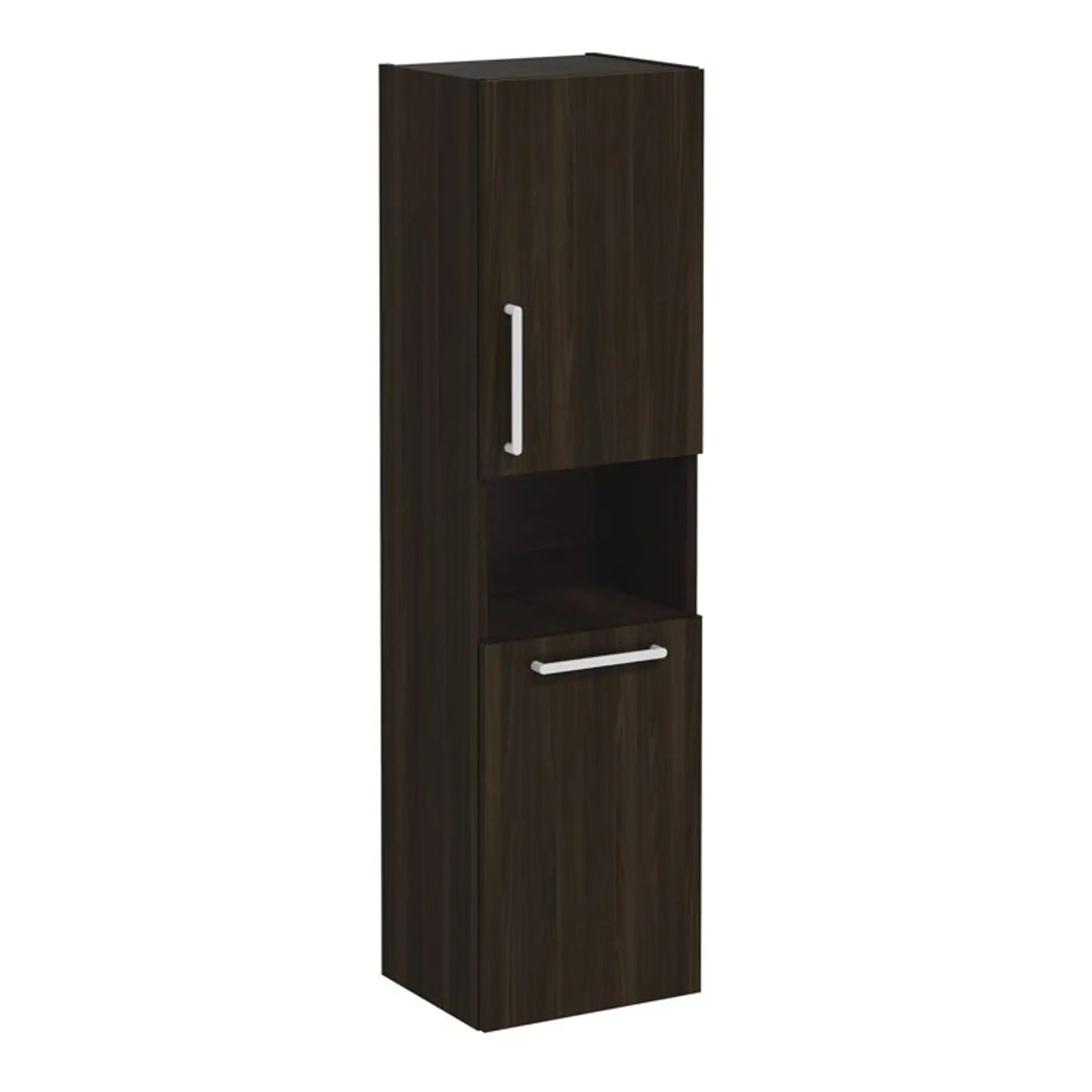 High-quality dark wood bathroom storage cabinet with multiple compartments and sleek silver handles for organised bathroom essentials and modern bathroom design.