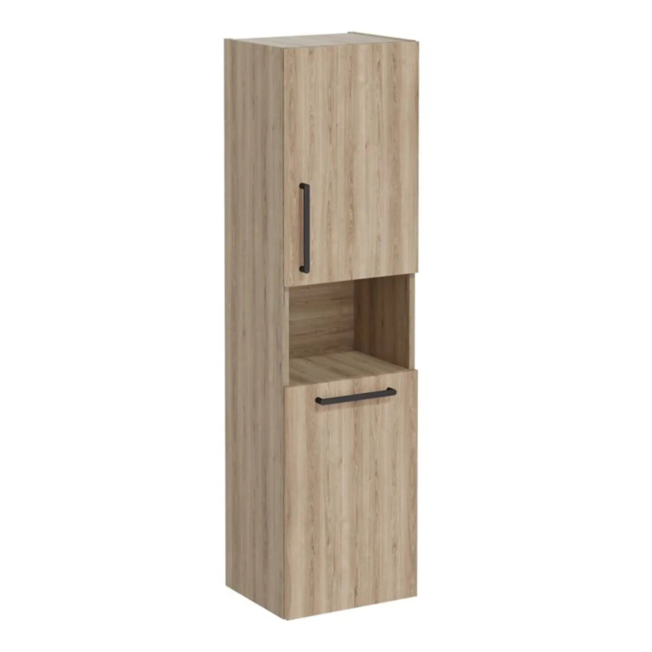 Modern wooden bathroom storage cabinet with black handles, ideal for organising toiletries and essentials in contemporary bathrooms. Durable finish and sleek design enhance bathroom decor.