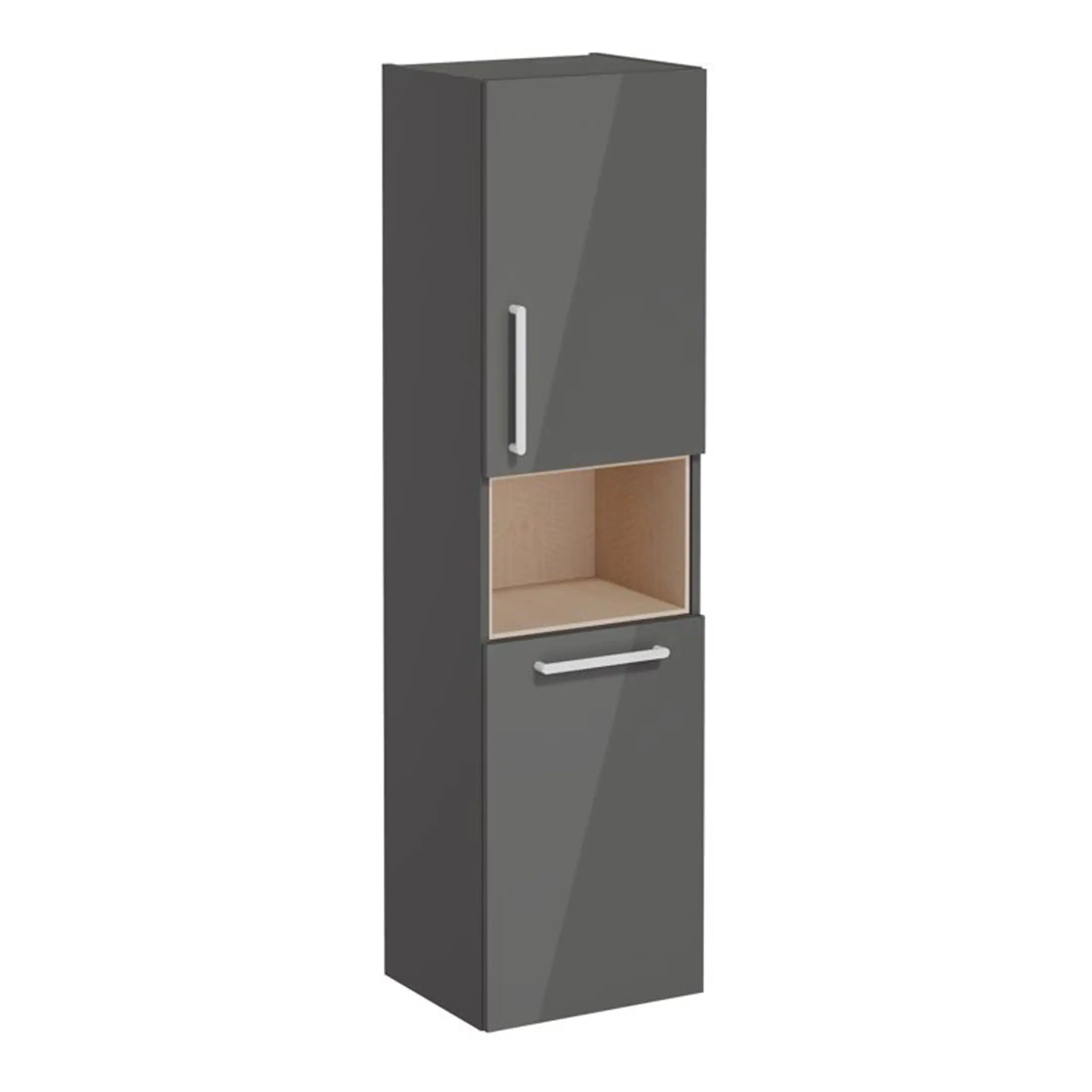 Metal grey bathroom storage cabinet with open shelf and sleek handles for modern bathrooms.