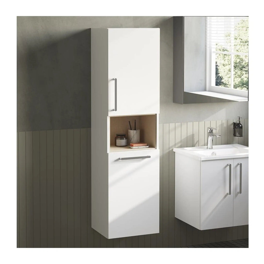 Modern white bathroom storage cabinet with open shelves and sleek handles, paired with a compact vanity unit in a contemporary bathroom setting.