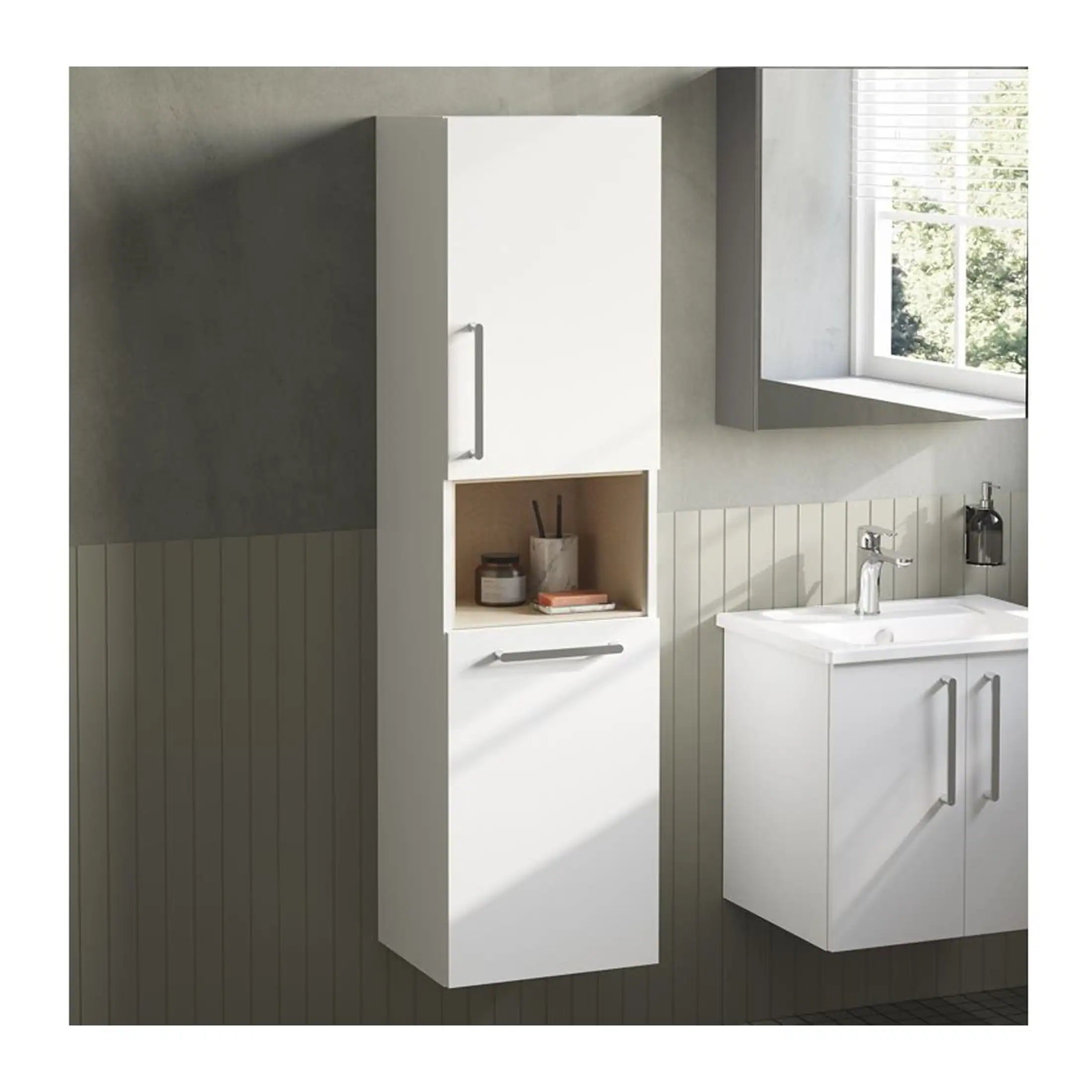Modern white bathroom storage cabinet with open shelves and sleek handles, paired with a compact vanity unit in a contemporary bathroom setting.