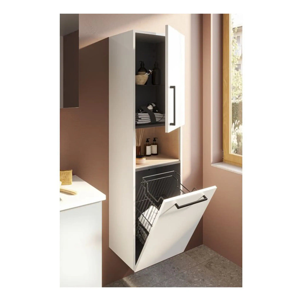 Modern white bathroom cabinet with tilting laundry basket and open shelving, perfect for organised storage in contemporary bathrooms.