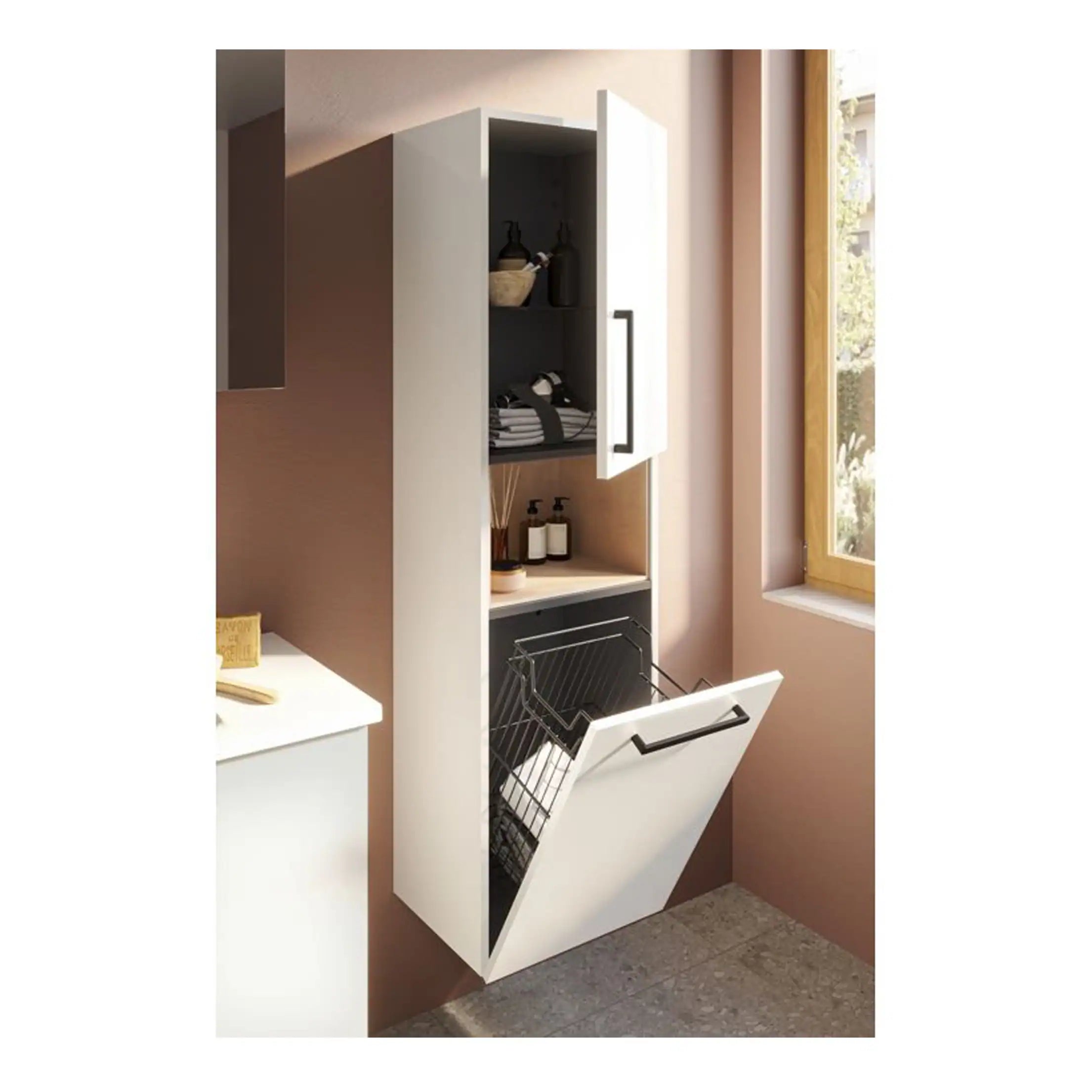 Modern white bathroom cabinet with tilting laundry basket and open shelving, perfect for organised storage in contemporary bathrooms.