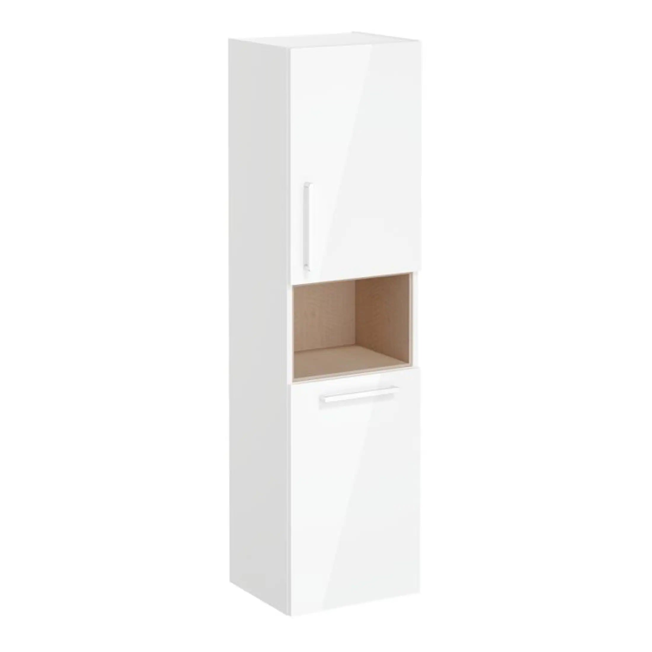 White bathroom storage cabinet with open cubby, modern sleek design, perfect for bathroom organisation and storage solutions.