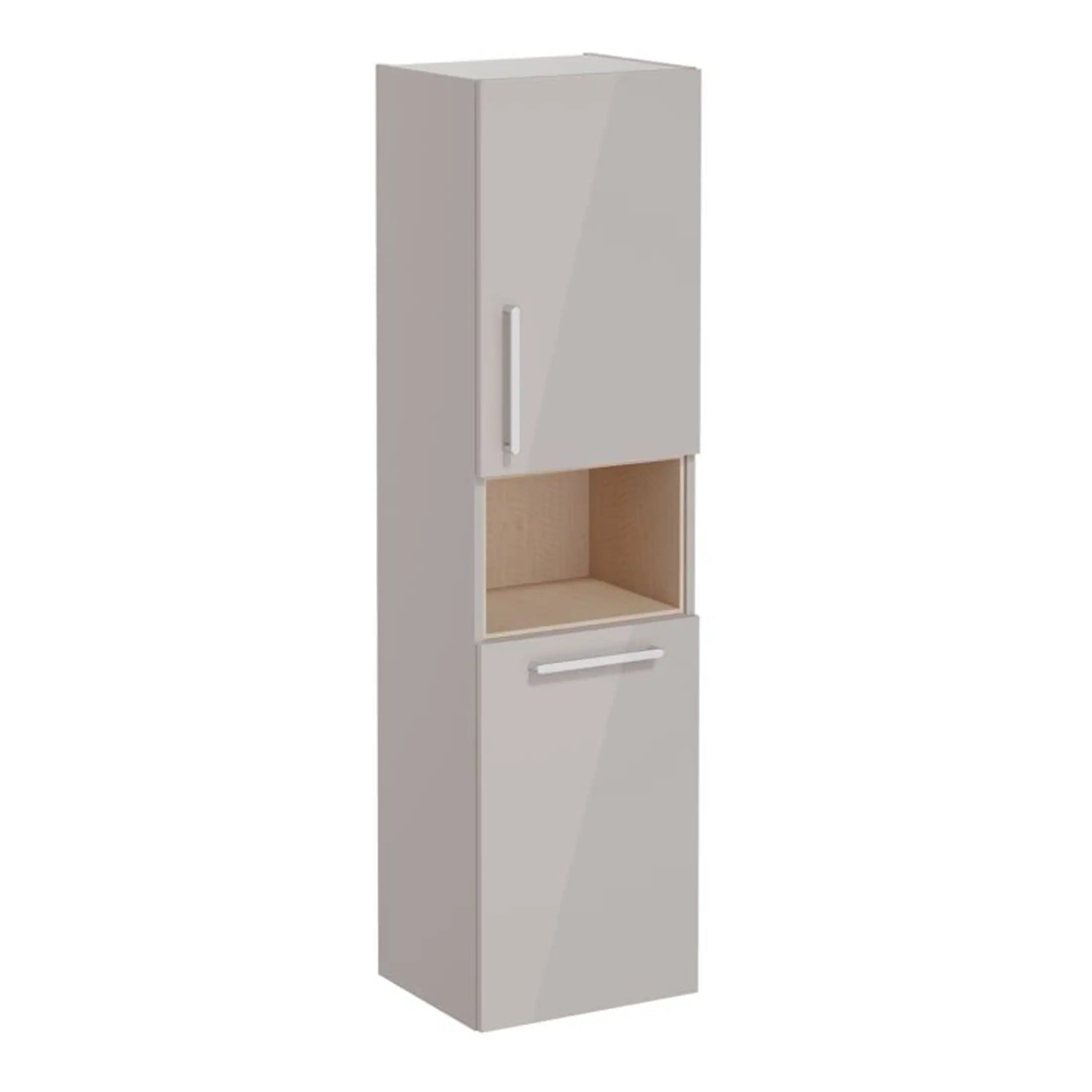 Sleek white bathroom storage cabinet with open shelf and concealed compartments, designed for modern bathrooms, providing organised space for toiletries and accessories.