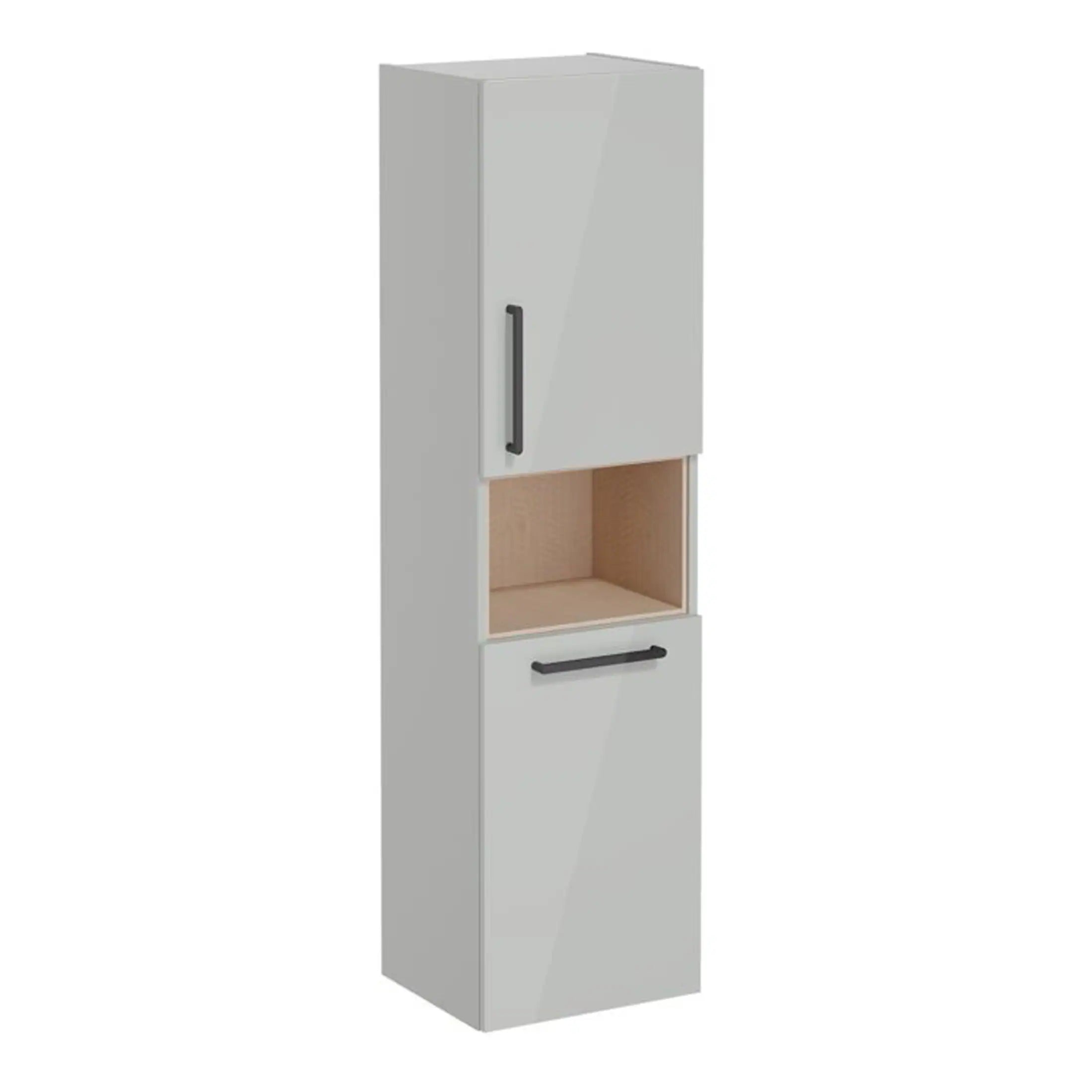 Stylish white bathroom cabinet with black handles, featuring a built-in open shelf for storage, ideal for modern bathrooms and bathroom renovations.