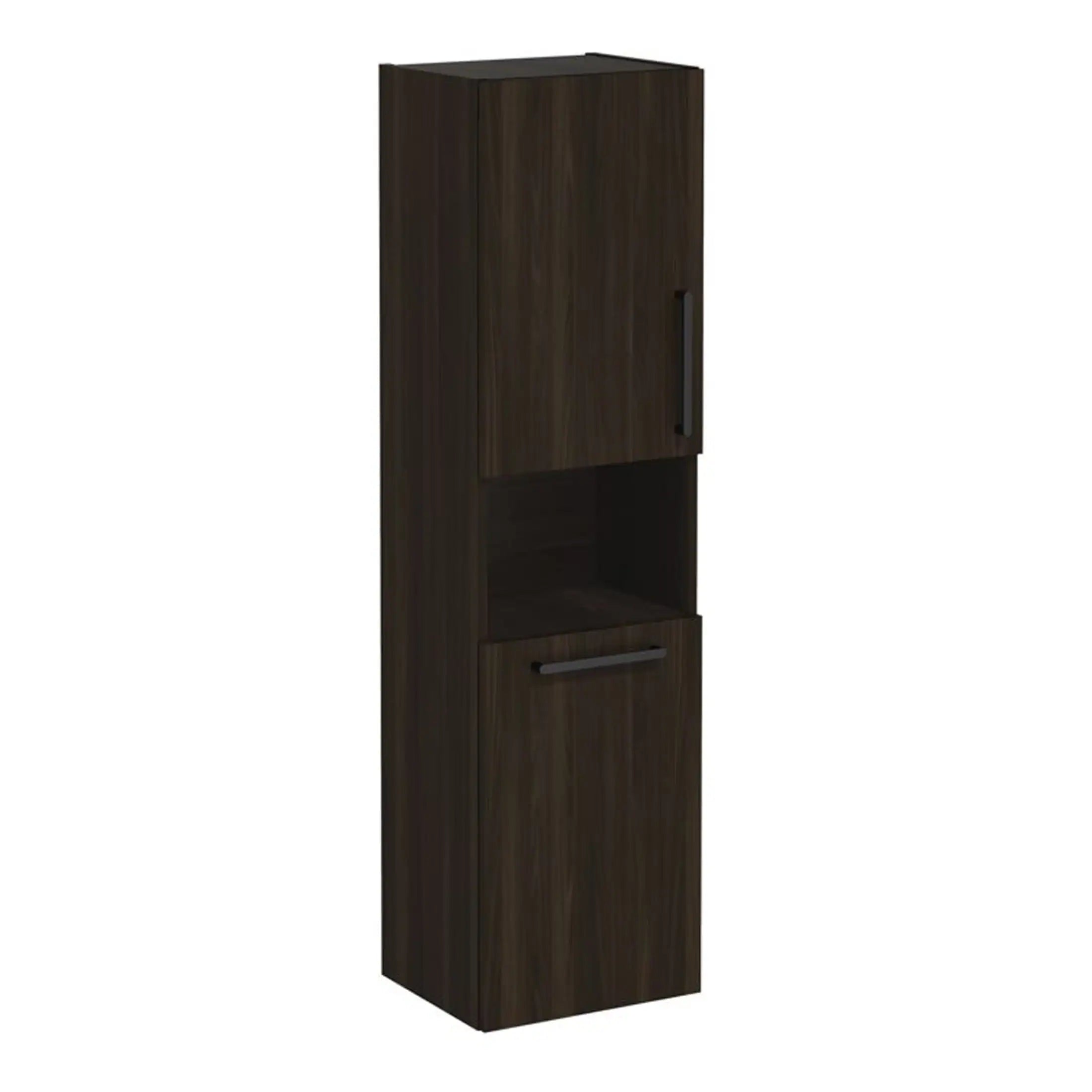 Sleek dark wood bathroom storage cabinet with multiple compartments and modern handles, ideal for organising bathroom essentials and enhancing bathroom decor.