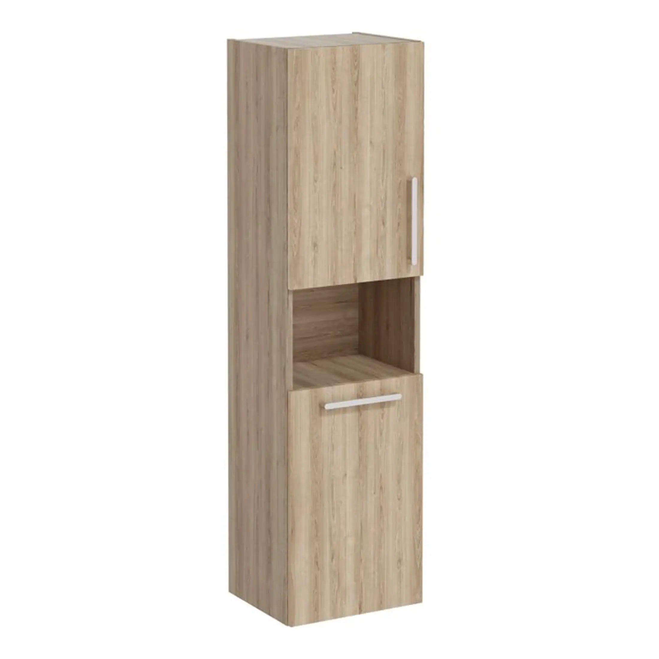 Natural oak bathroom storage cabinet with open shelf and cabinet doors for bathroom organisation and storage. Durable wood finish ideal for modern or classic bathroom decor.