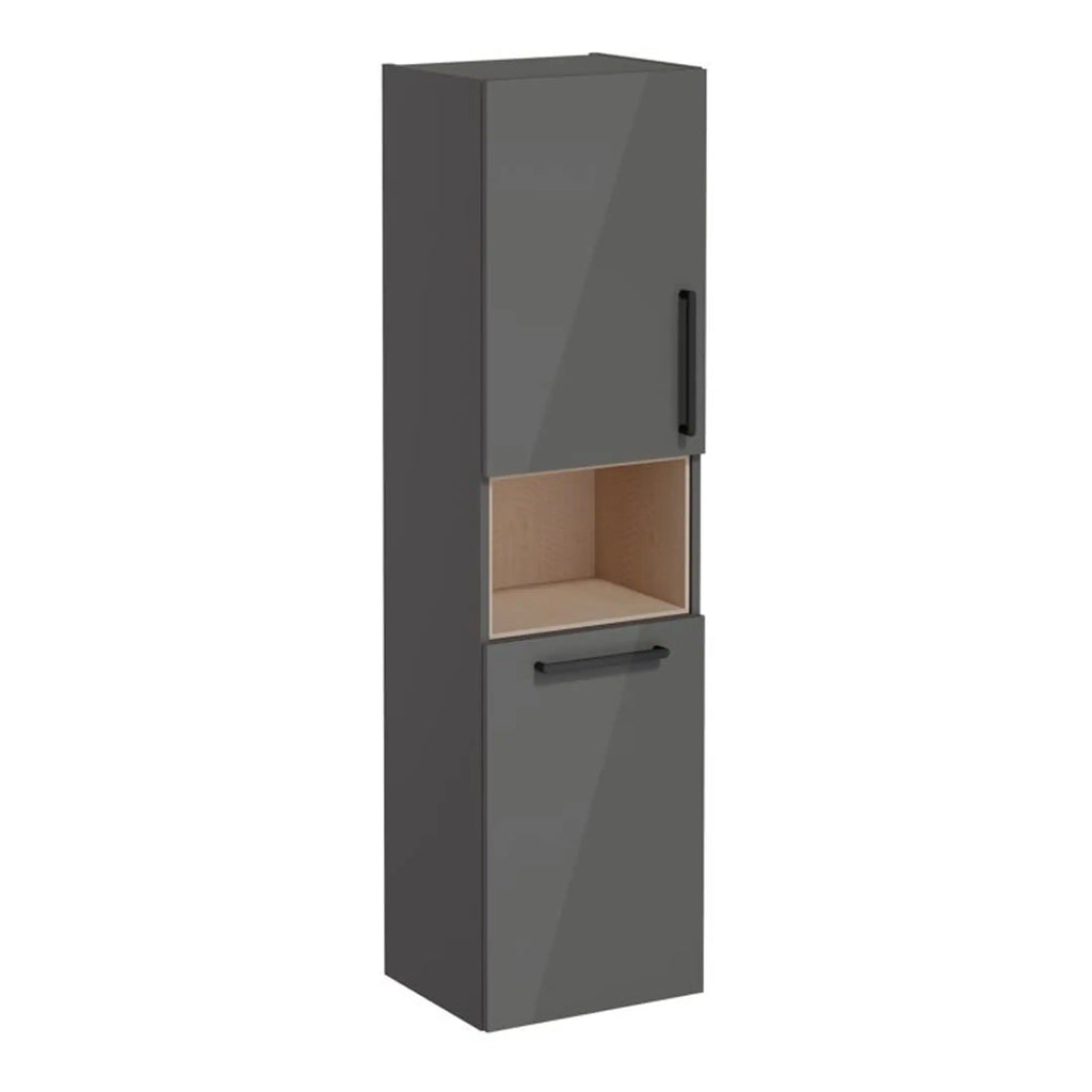 Modern grey bathroom storage cabinet with open shelf and sleek handle design, ideal for contemporary bathrooms. Durable, stylish, and space-saving bathroom furniture from Bubly Bathrooms.