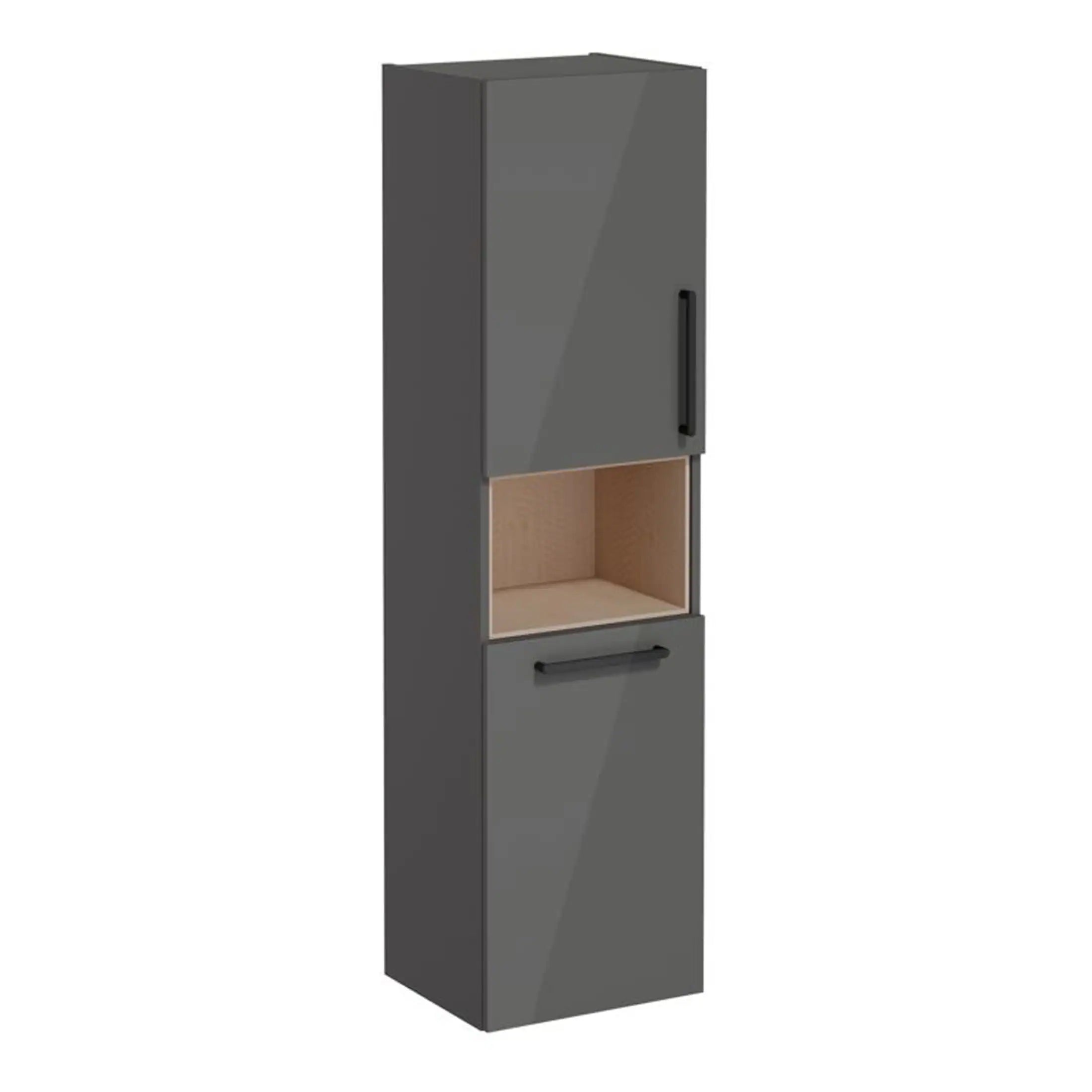 Modern grey bathroom storage cabinet with open shelf and sleek handle design, ideal for contemporary bathrooms. Durable, stylish, and space-saving bathroom furniture from Bubly Bathrooms.