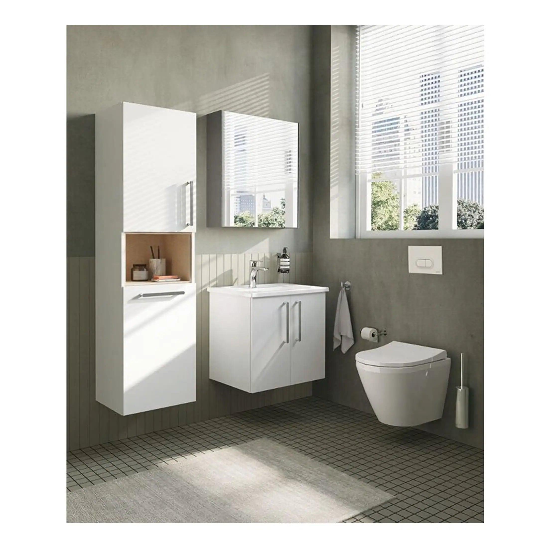 Modern minimalist bathroom with wall-mounted white vanity and cabinets, large window with blinds, and contemporary toilet, creating a bright and sleek space.