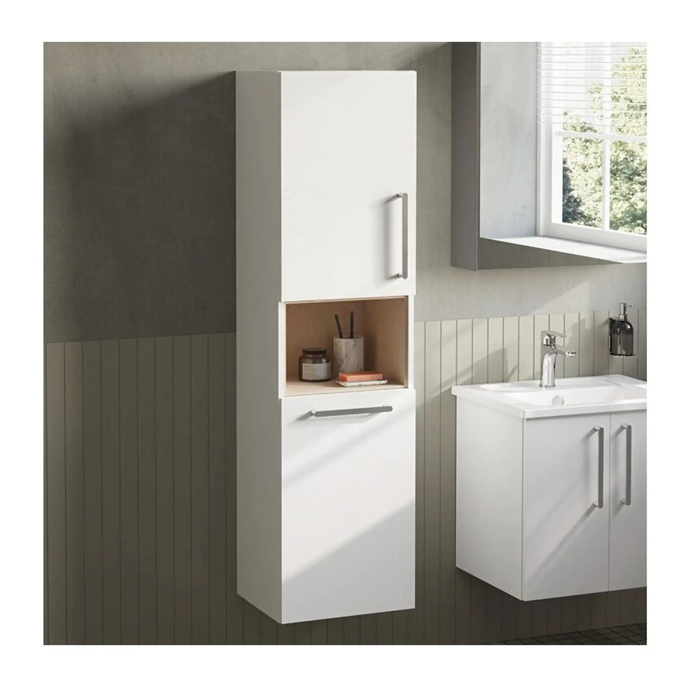 White bathroom storage cabinet with open and closed compartments, ideal for organising bathroom essentials in a modern bathroom setting.