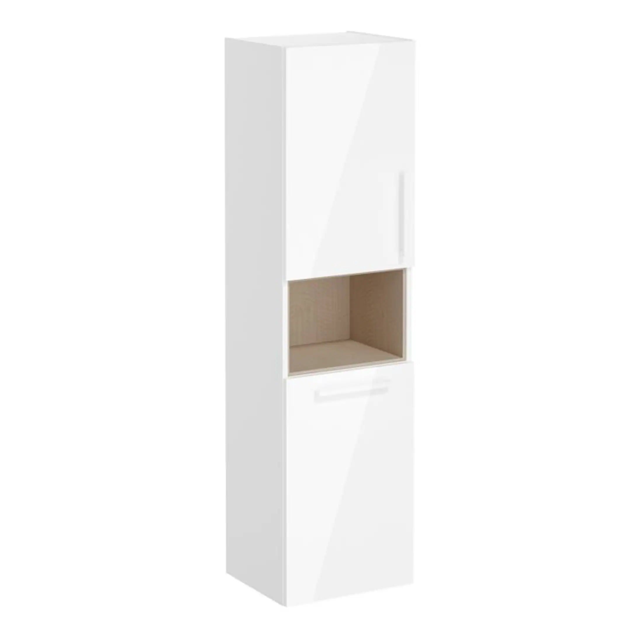 Contemporary white bathroom storage cabinet with mirror door and open shelf, ideal for modern bathroom decor and organisation.