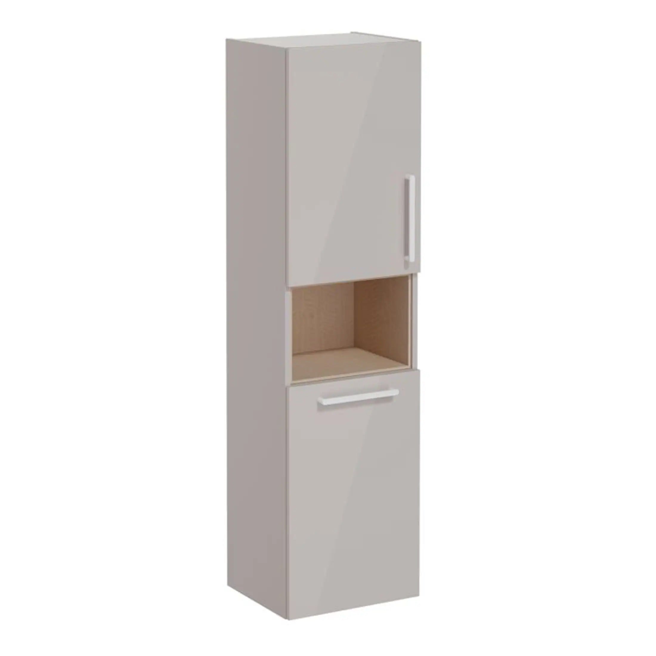 Modern grey bathroom storage cabinet with open and closed sections, designed for organising toiletries and bathroom essentials. Perfect for contemporary bathroom interiors.