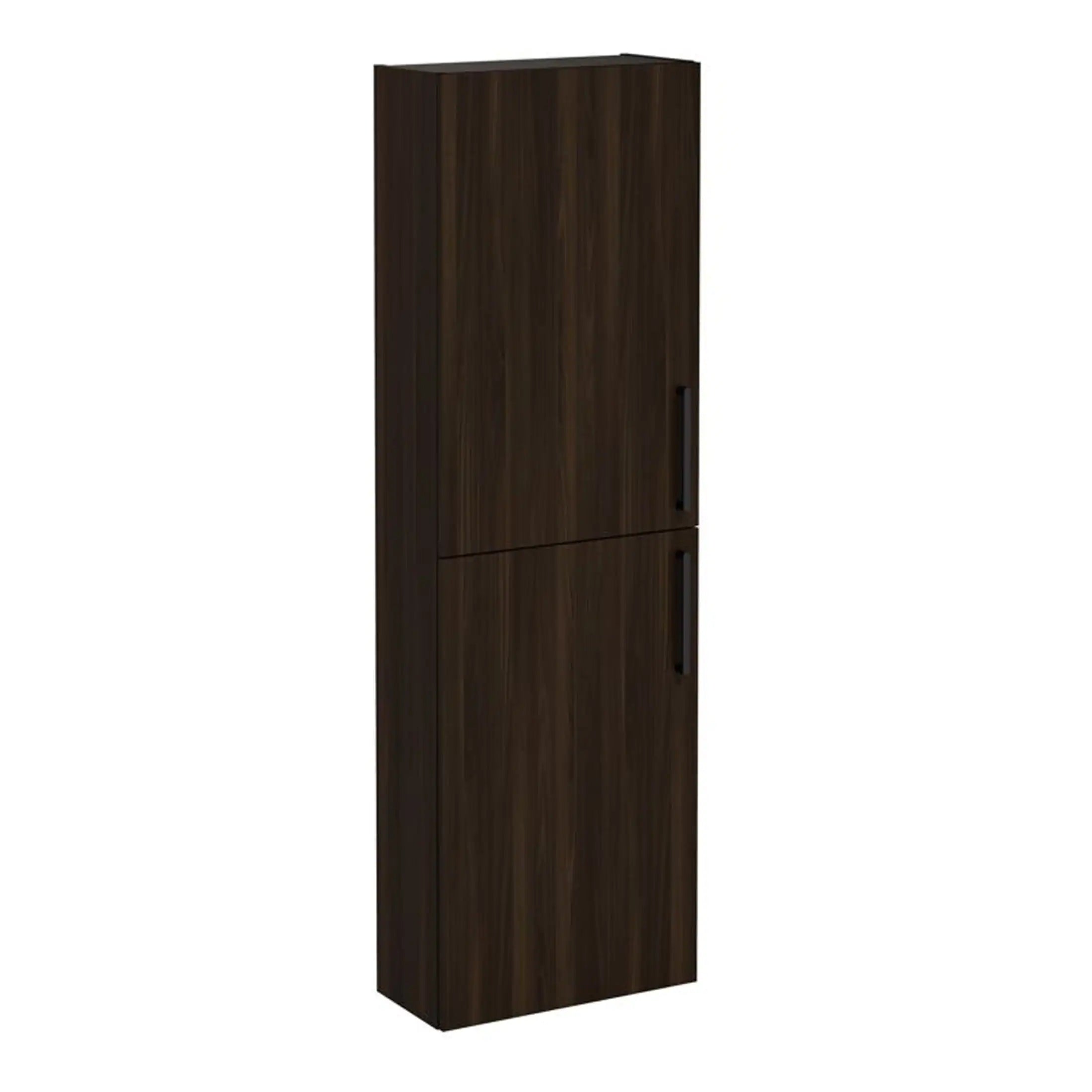 Sleek dark wood bathroom cabinet with dual doors, modern handle design, and spacious storage for bathroom organisation. Perfect for contemporary bathroom decor.