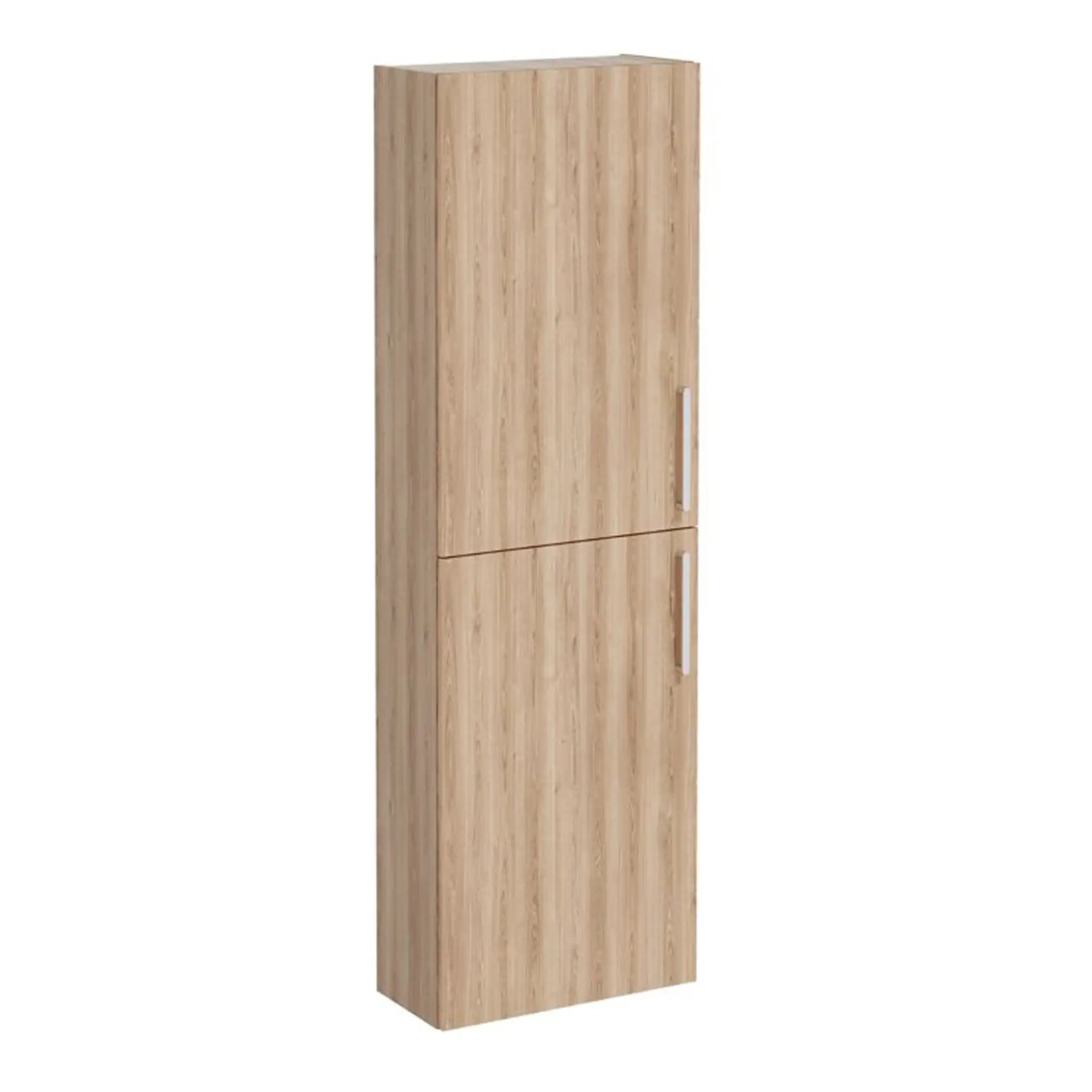 Sleek wooden bathroom tall storage cabinet in natural oak finish with double doors, perfect for modern Bubly bathrooms, offers stylish organisation and space-saving design.