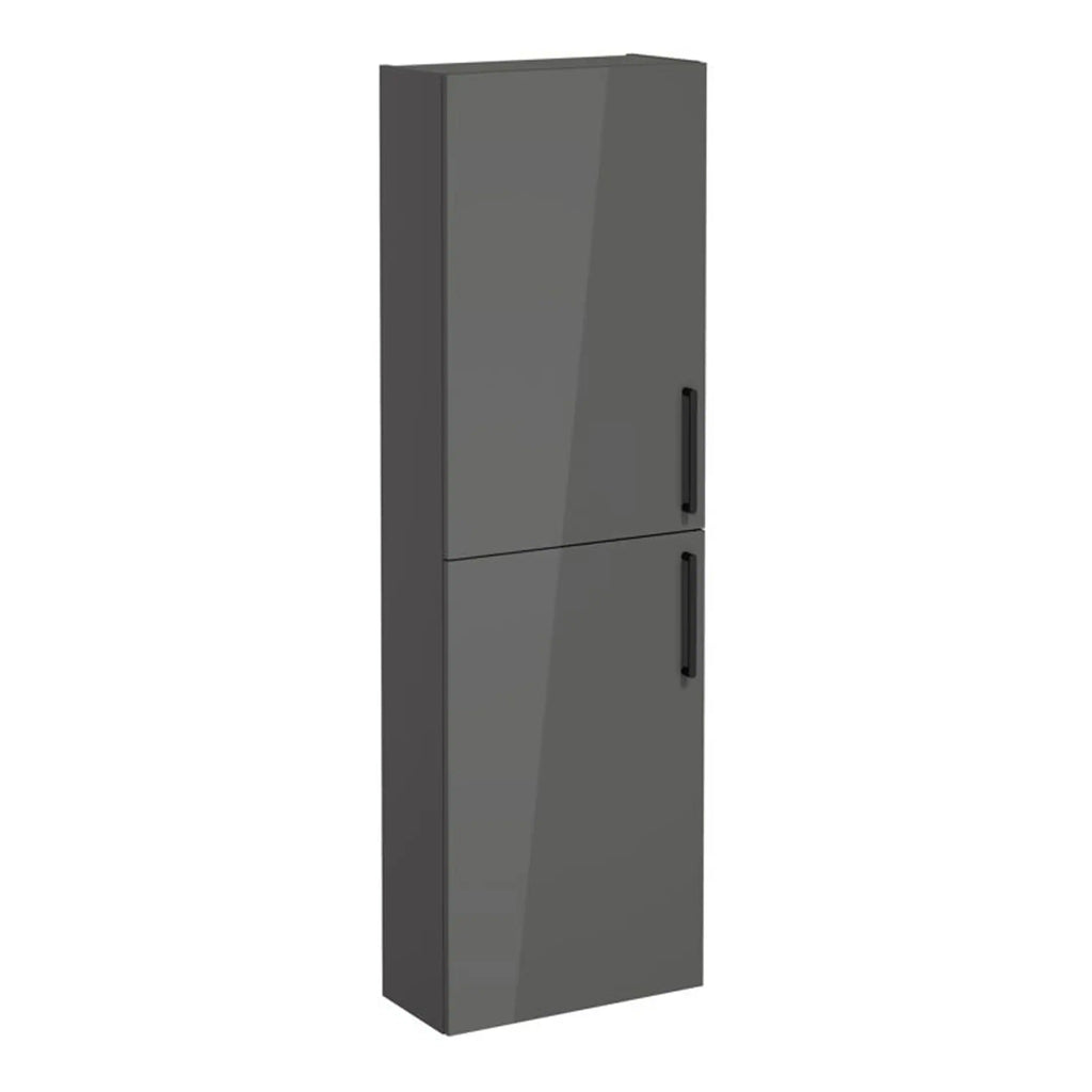 Sleek grey bathroom storage cabinet with double doors and black handles, ideal for modern bathroom organisation and storage solutions.