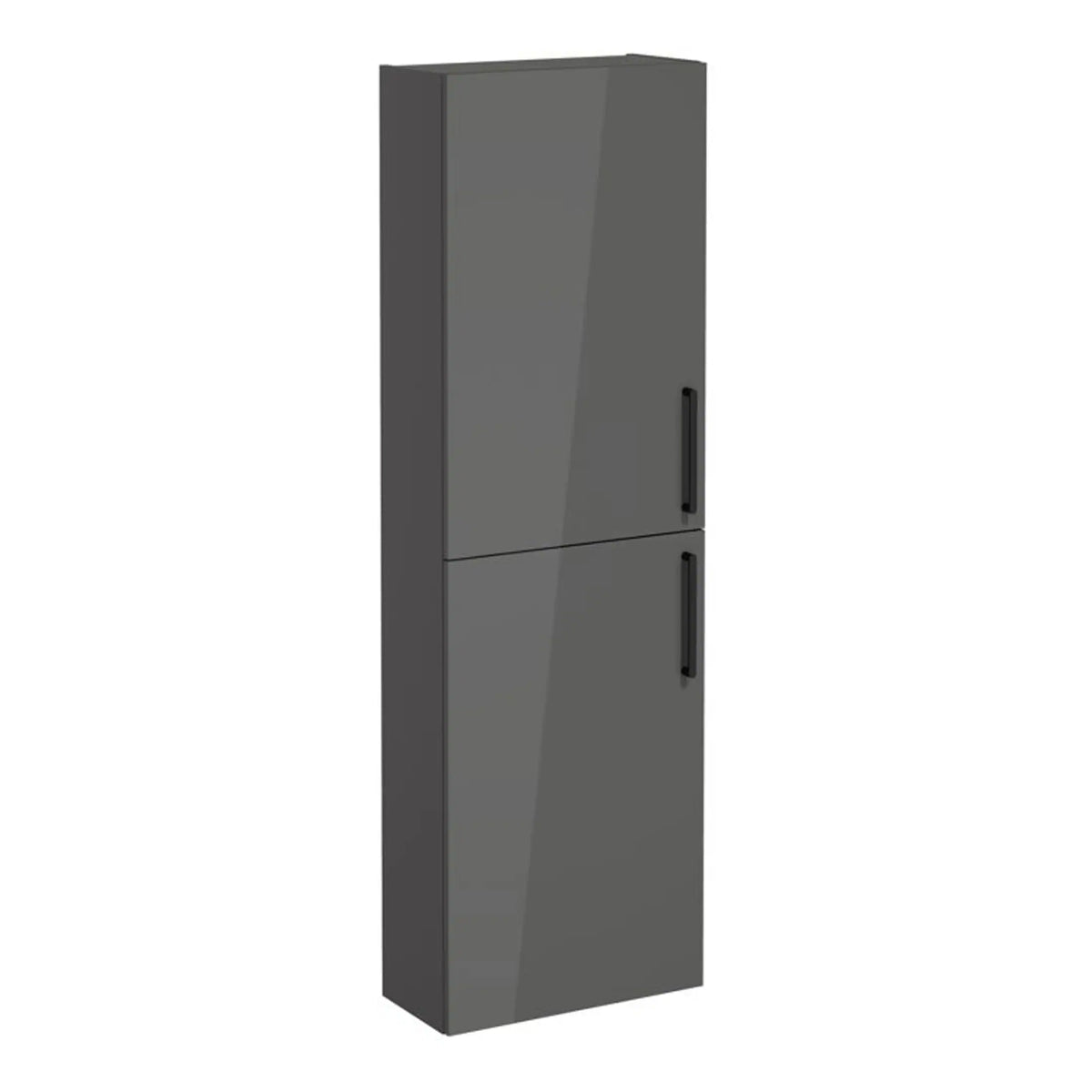 Sleek grey bathroom storage cabinet with double doors and black handles, ideal for modern bathroom organisation and storage solutions.