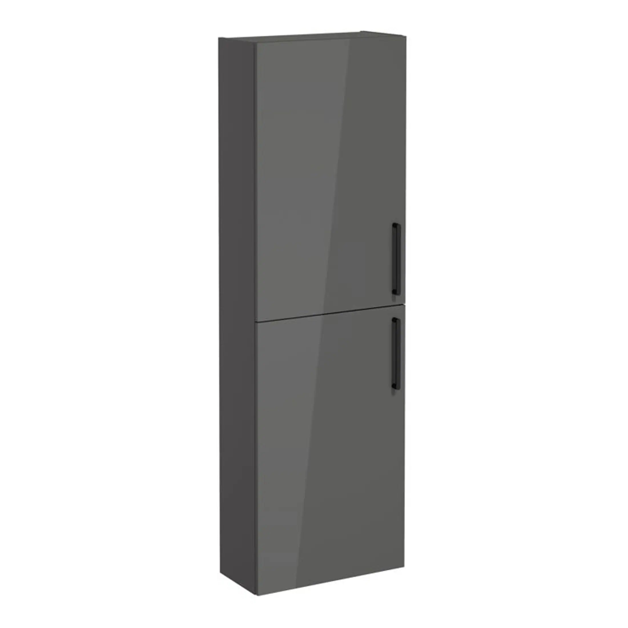 Sleek grey bathroom storage cabinet with double doors and black handles, ideal for modern bathroom organisation and storage solutions.