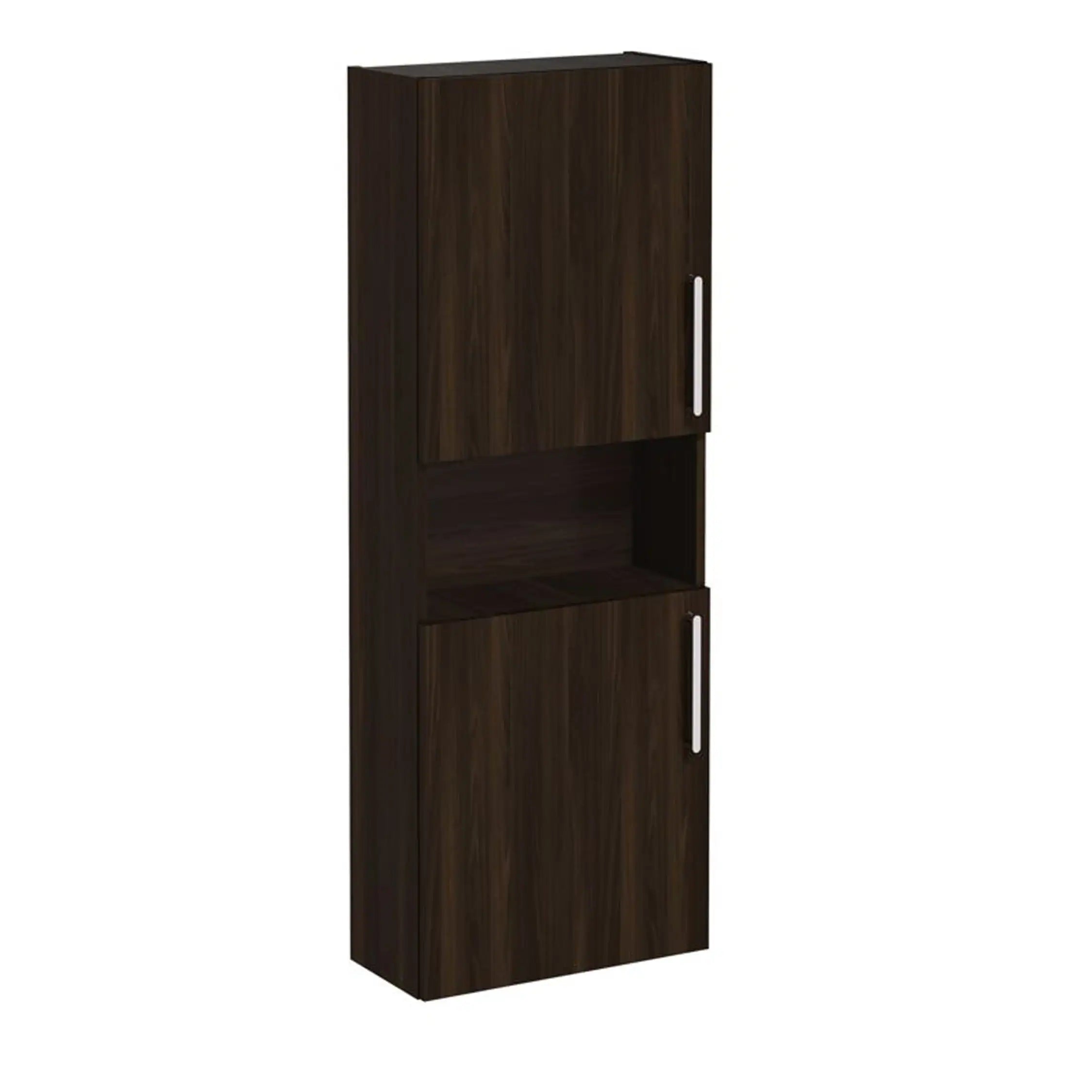 Modern dark wood bathroom storage cabinet with upper and lower cupboards and open middle shelf, ideal for organising bathroom essentials in style.