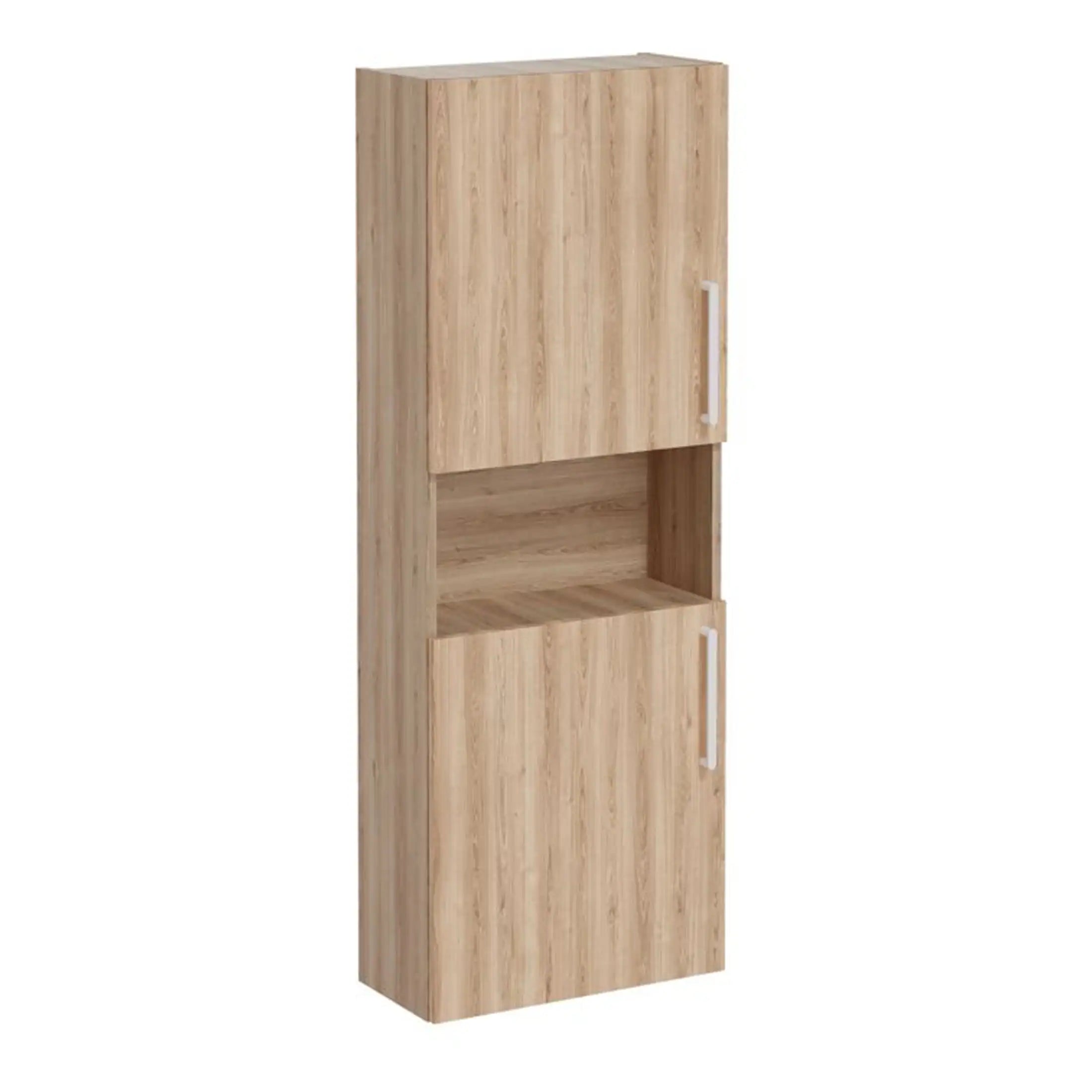 Versatile wooden bathroom storage cabinet with closed and open shelving, ideal for organising toiletries in modern bathrooms, featuring a natural oak finish and sleek white handles.